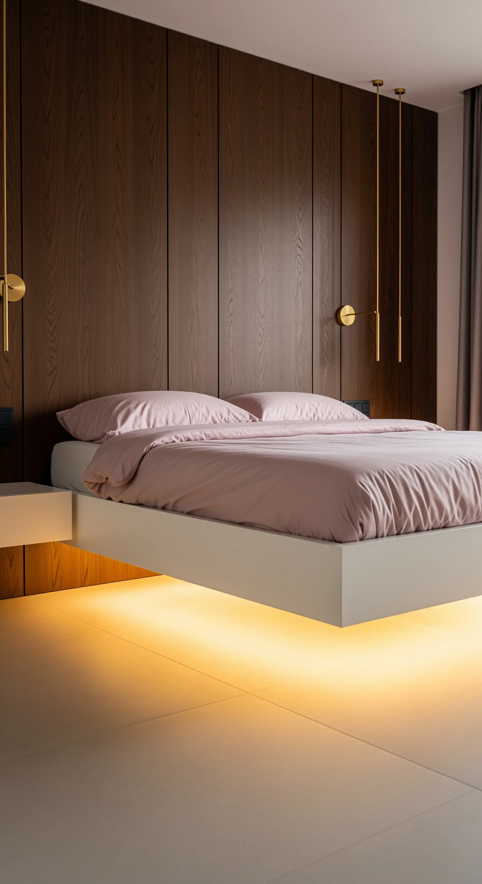 Letto sospeso con lenzuola rosa e illuminazione a LED calda sottostante.