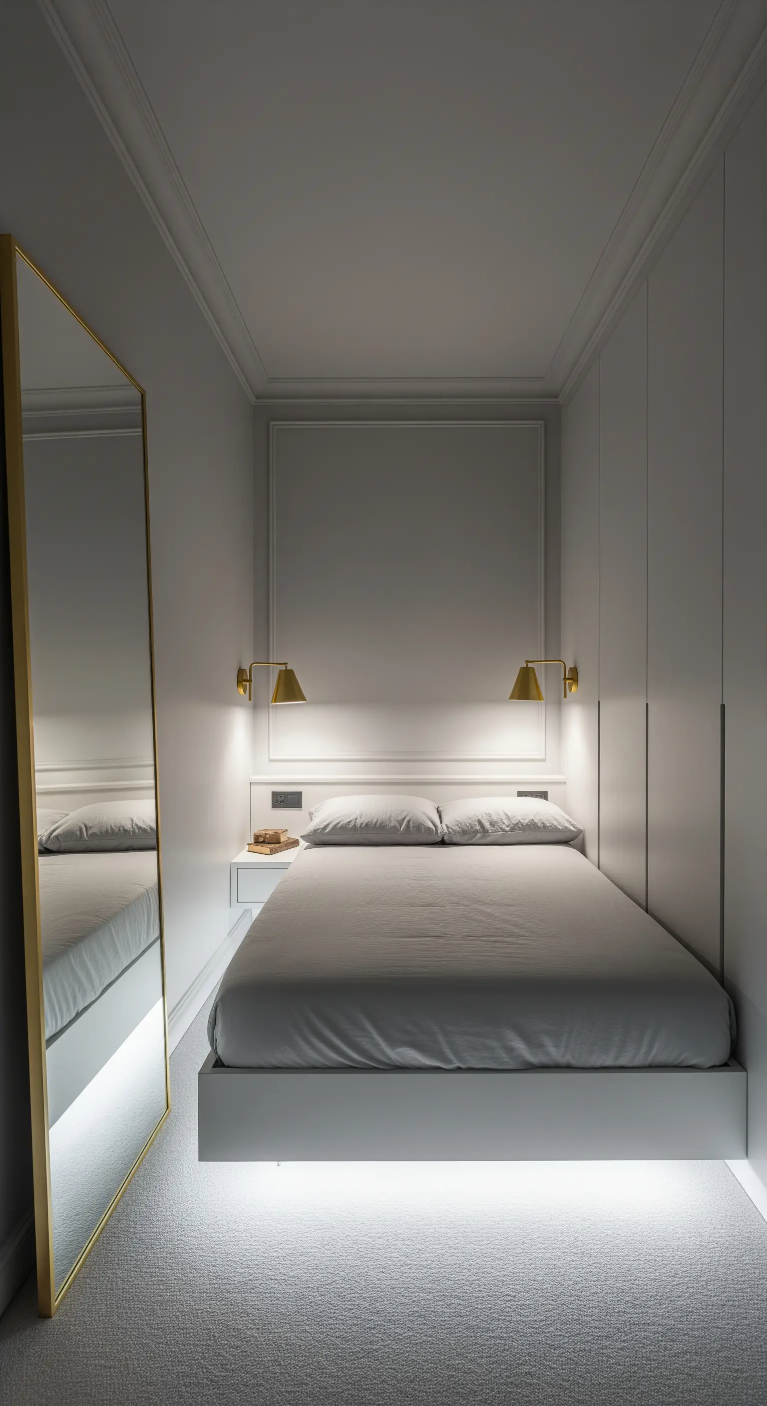 Camera da letto piccola e stretta con letto sospeso illuminato da LED e un grande specchio dorato.