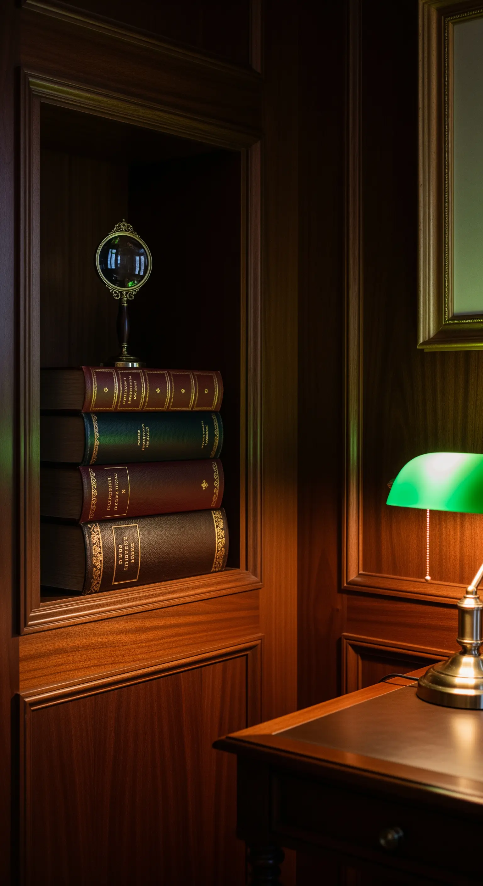 Nicchia in una boiserie di legno scuro riempita con una pila di libri antichi rilegati.