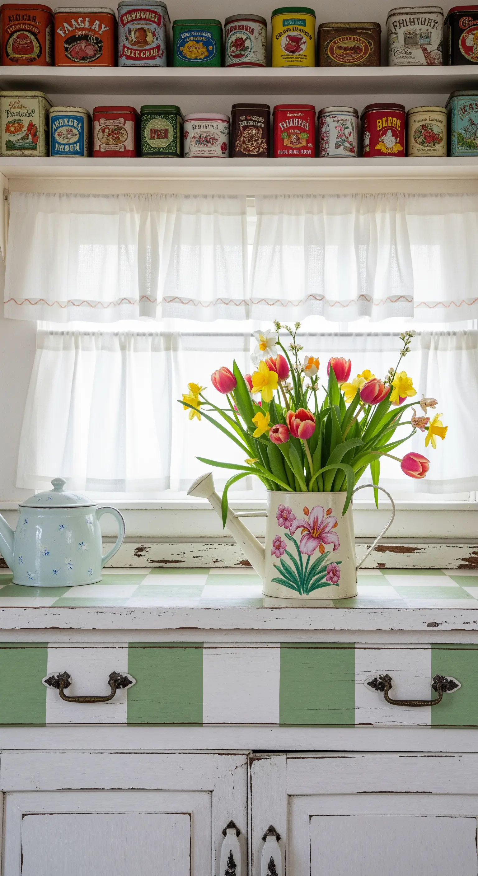 Credenza shabby a scacchi verdi e bianchi con collezione di scatole di latta.