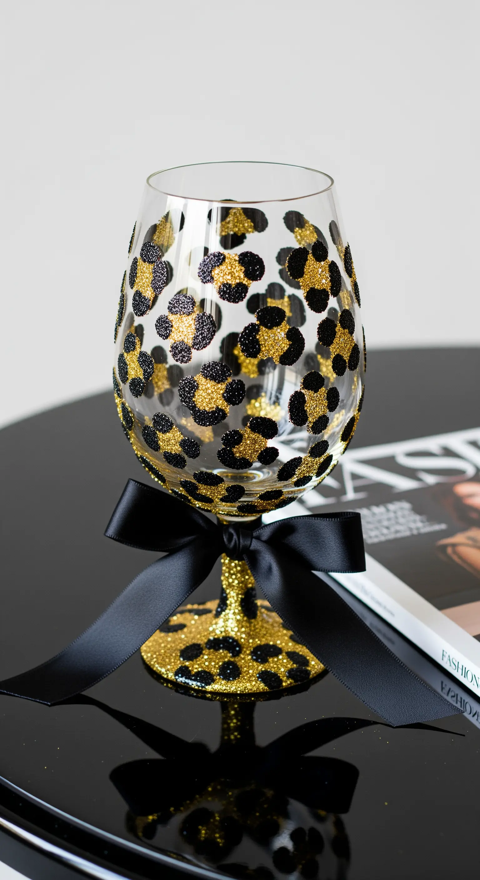 Calice da vino con motivo leopardato realizzato in glitter oro e nero.