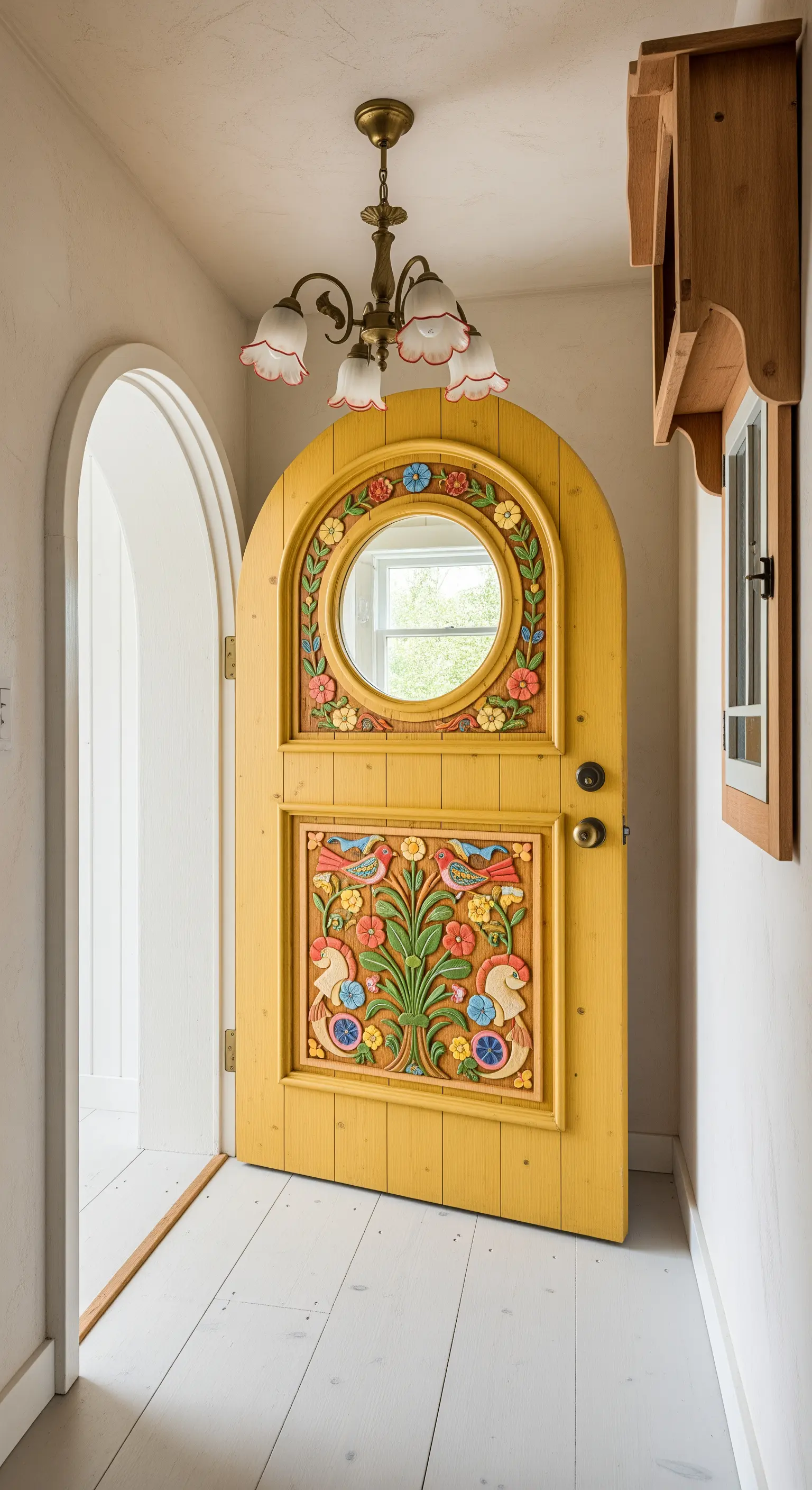 Porta gialla in stile folk scandinavo, dipinta a mano con motivi floreali e con un piccolo oblò.