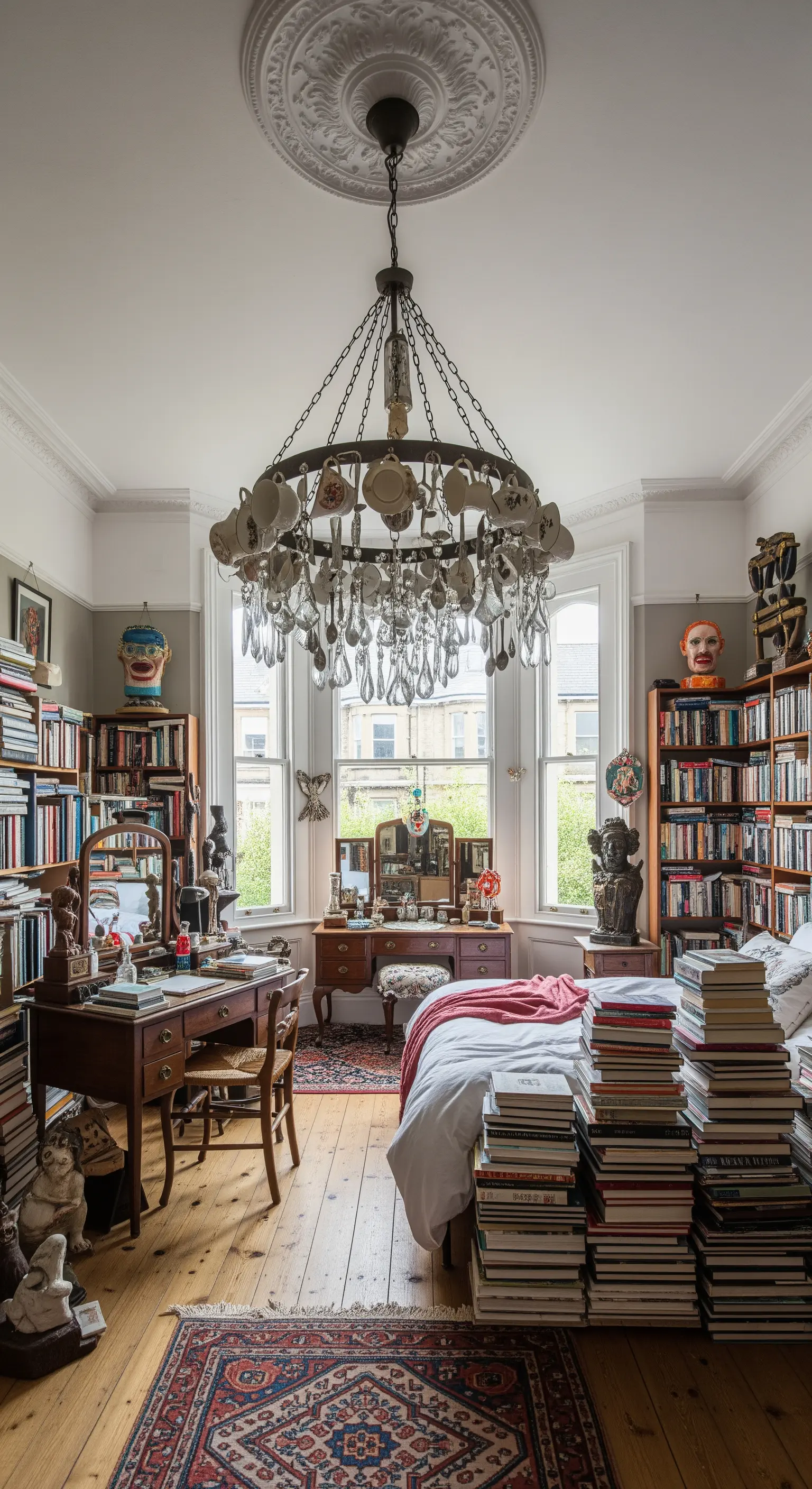 Lampadario eclettico realizzato con tazzine da tè e cristalli in una camera piena di libri.