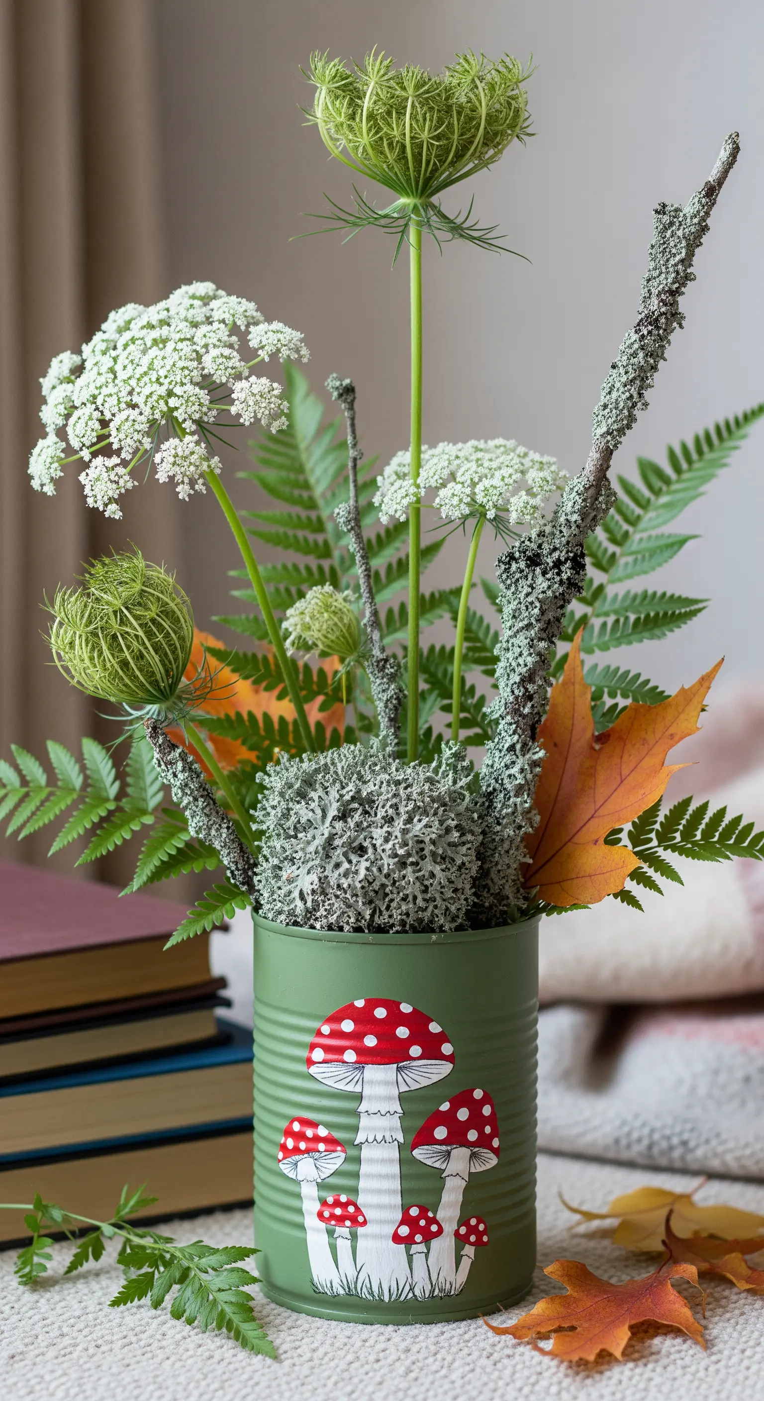 Lattina verde dipinta con funghi, riempita con felci, muschio e fiori di campo.