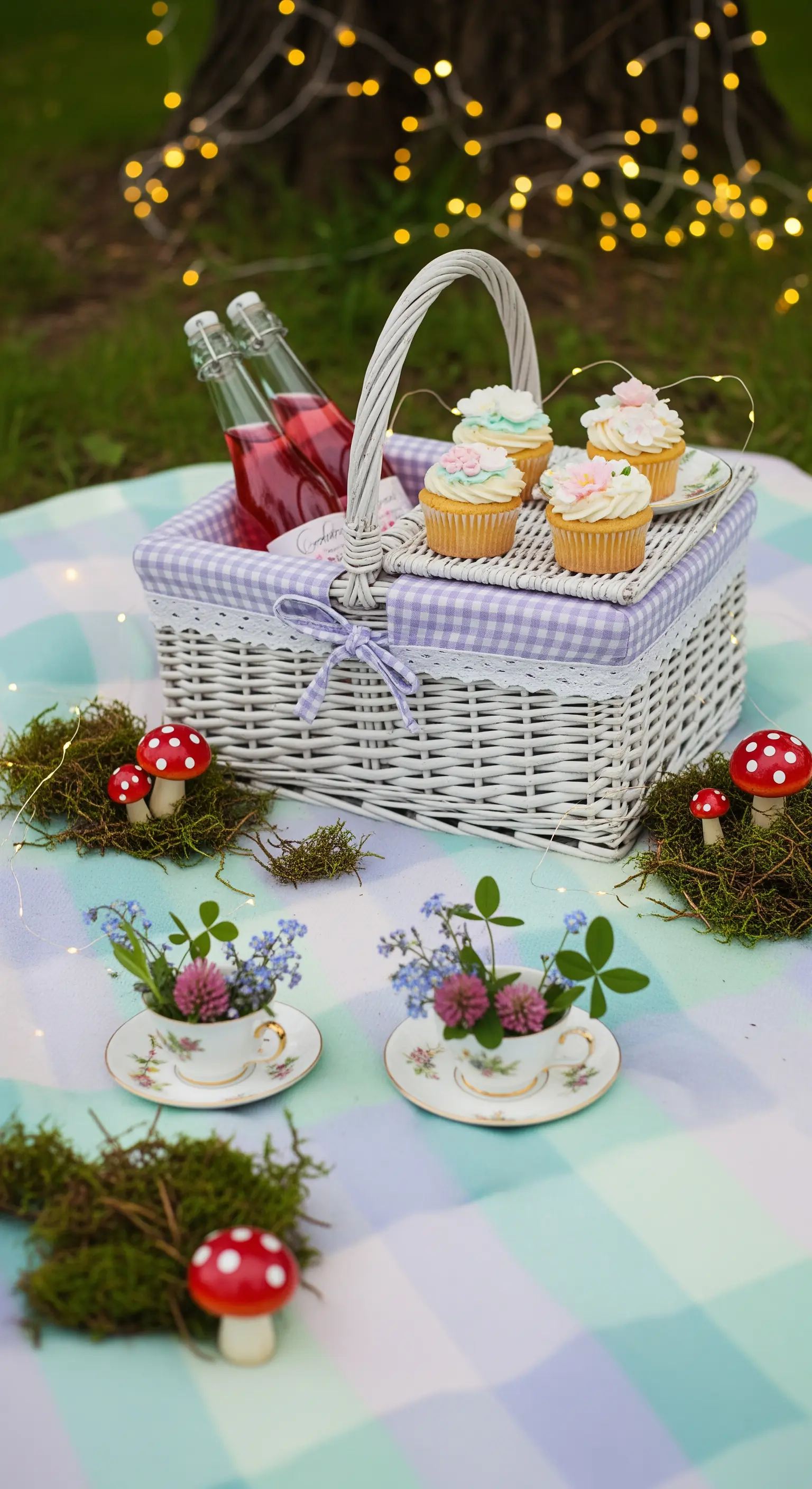 Picnic a tema favola con cesto bianco, funghi decorativi e fiori in tazzine da tè