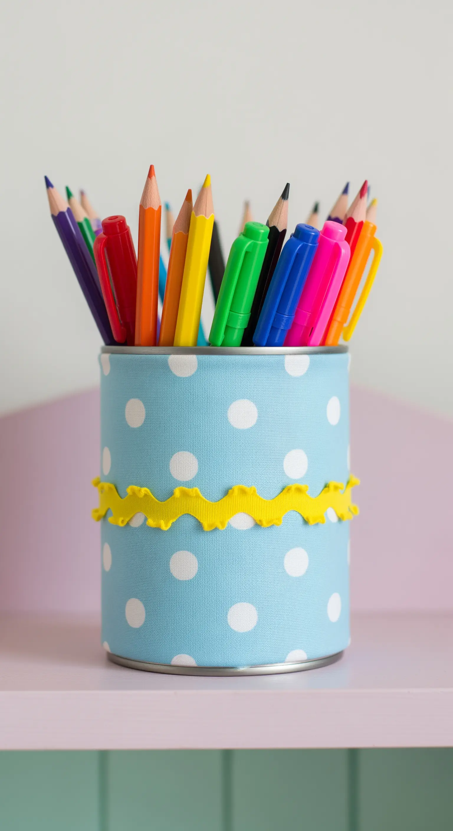Lattina portapenne rivestita con tessuto a pois azzurri e un nastro ondulato giallo.
