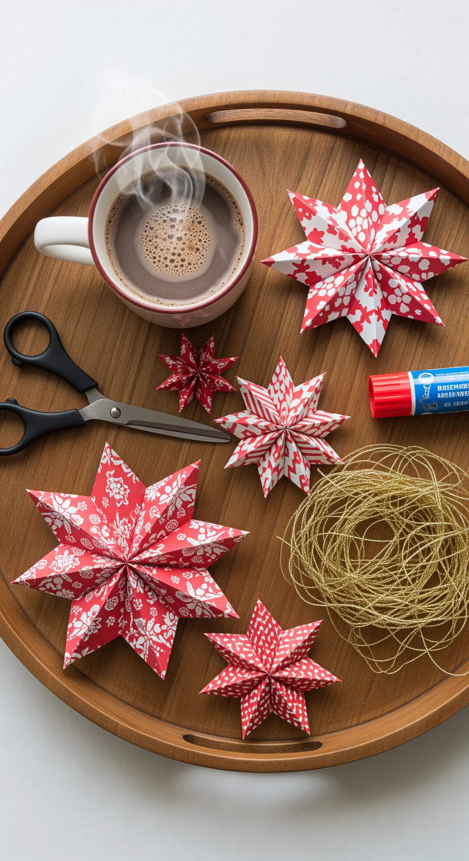 Stelle di carta a fantasia rossa e bianca su un vassoio di legno con cioccolata calda