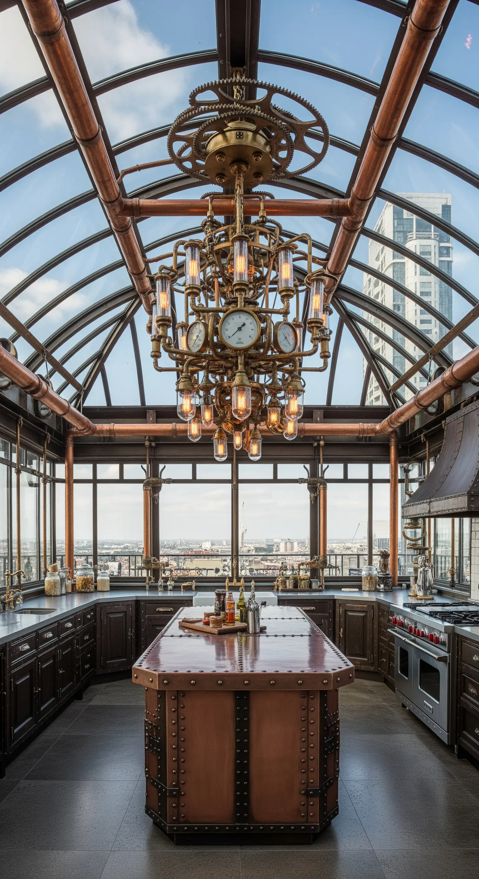 Cucina in stile Steampunk con soffitto a vetri e un complesso lampadario in rame e ingranaggi