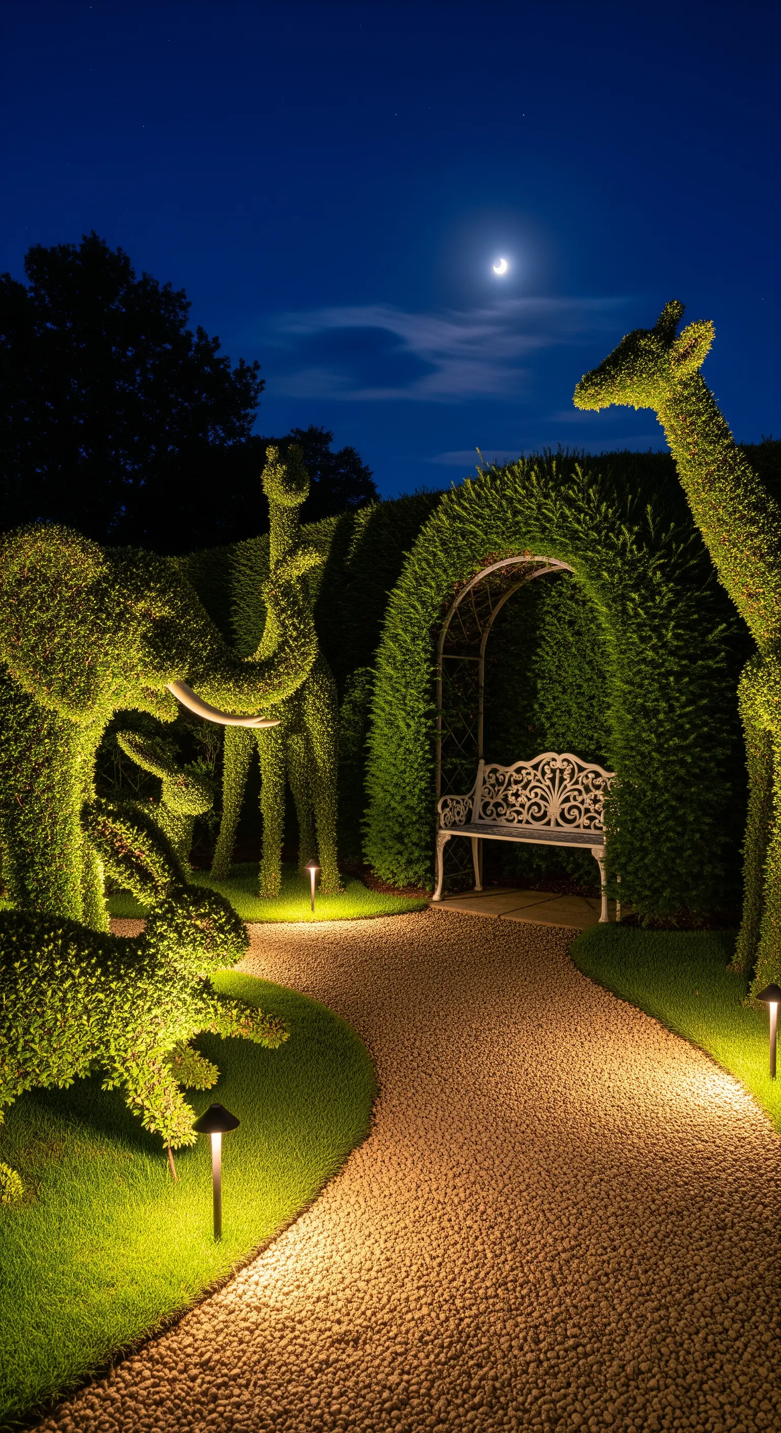 Giardino notturno con sculture di siepi a forma di animali, illuminate dal basso su un prato verde