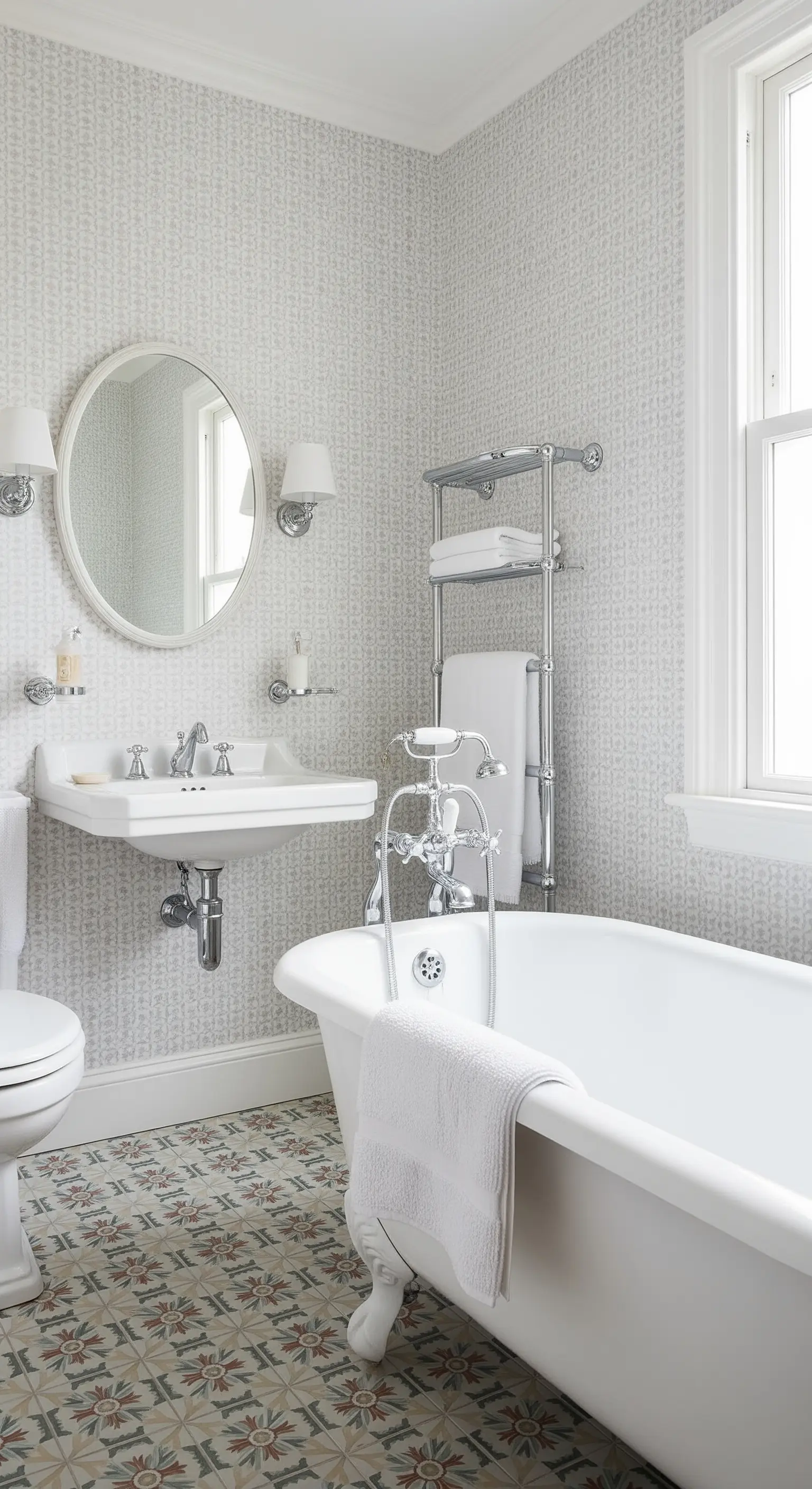 Bagno classico con sanitari bianchi, pavimento con cementine pastello e carta da parati a piccoli motivi.