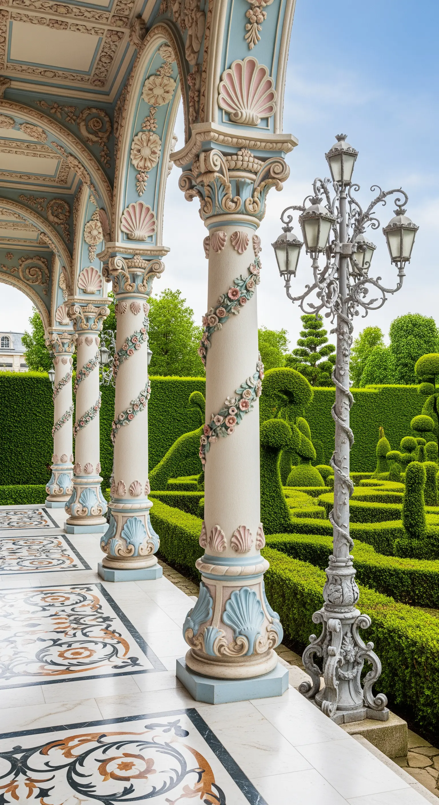 Portico in stile rococò con colonne decorate e dipinte, affacciato su un giardino di topiarie.
