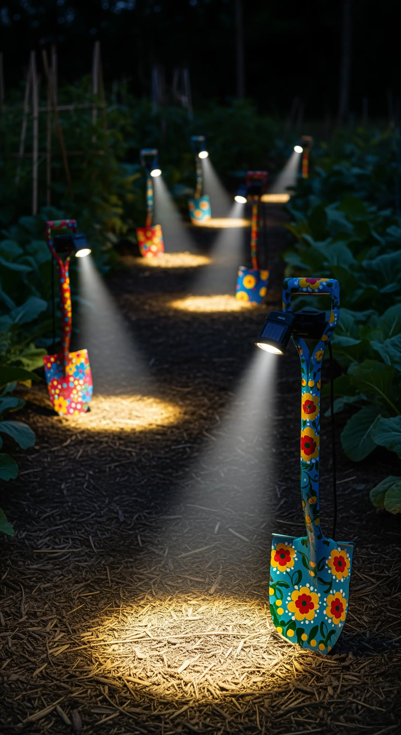 Pale da giardino dipinte con motivi floreali e usate come supporto per faretti solari nell'orto.