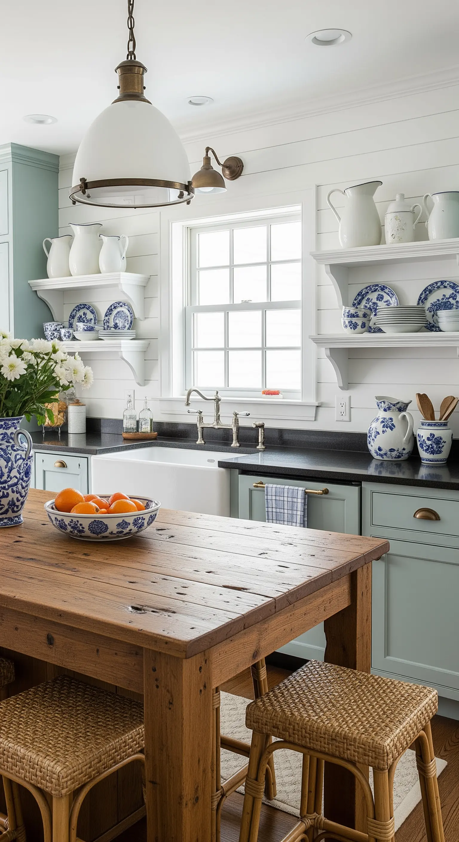 Cucina farmhouse con mobili verde-azzurro, isola in legno rustico e ceramiche blu e bianche.