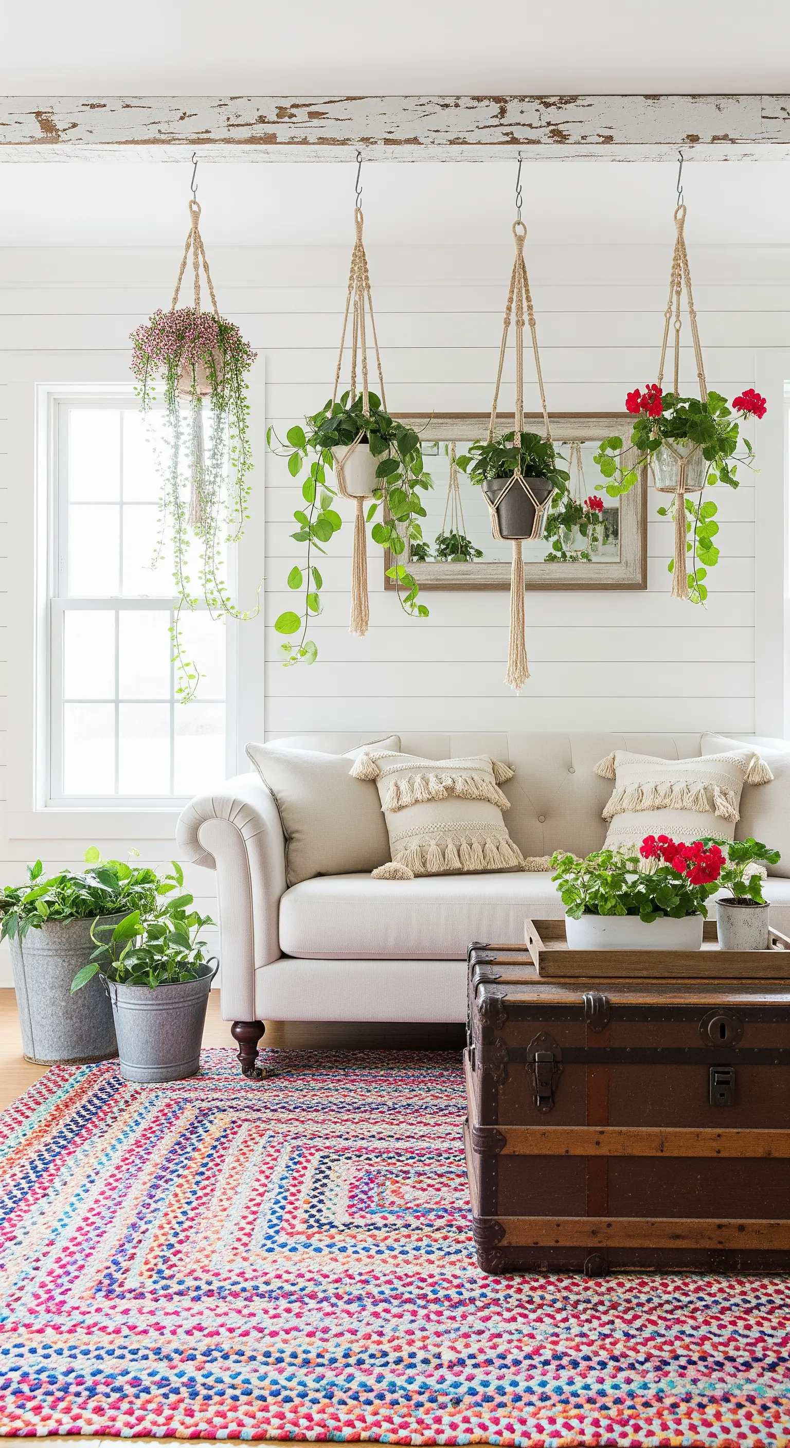 Salotto farmhouse con pareti bianche, piante sospese con fiori rossi e un tappeto intrecciato multicolore.