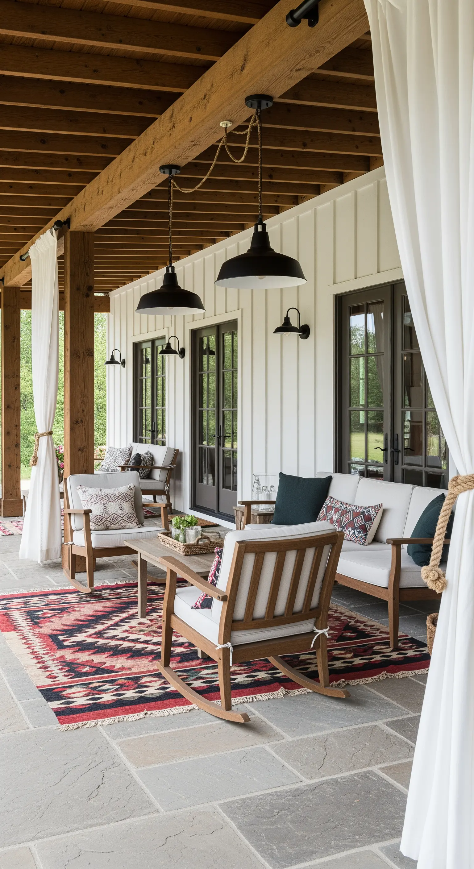 Portico farmhouse con sedute in legno, tappeto kilim geometrico e lampade industriali nere.