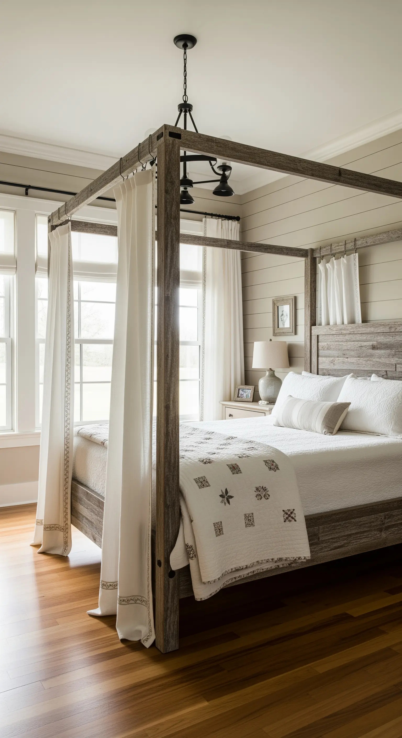 Letto a baldacchino in legno di recupero con tende in lino color crema in stile farmhouse.