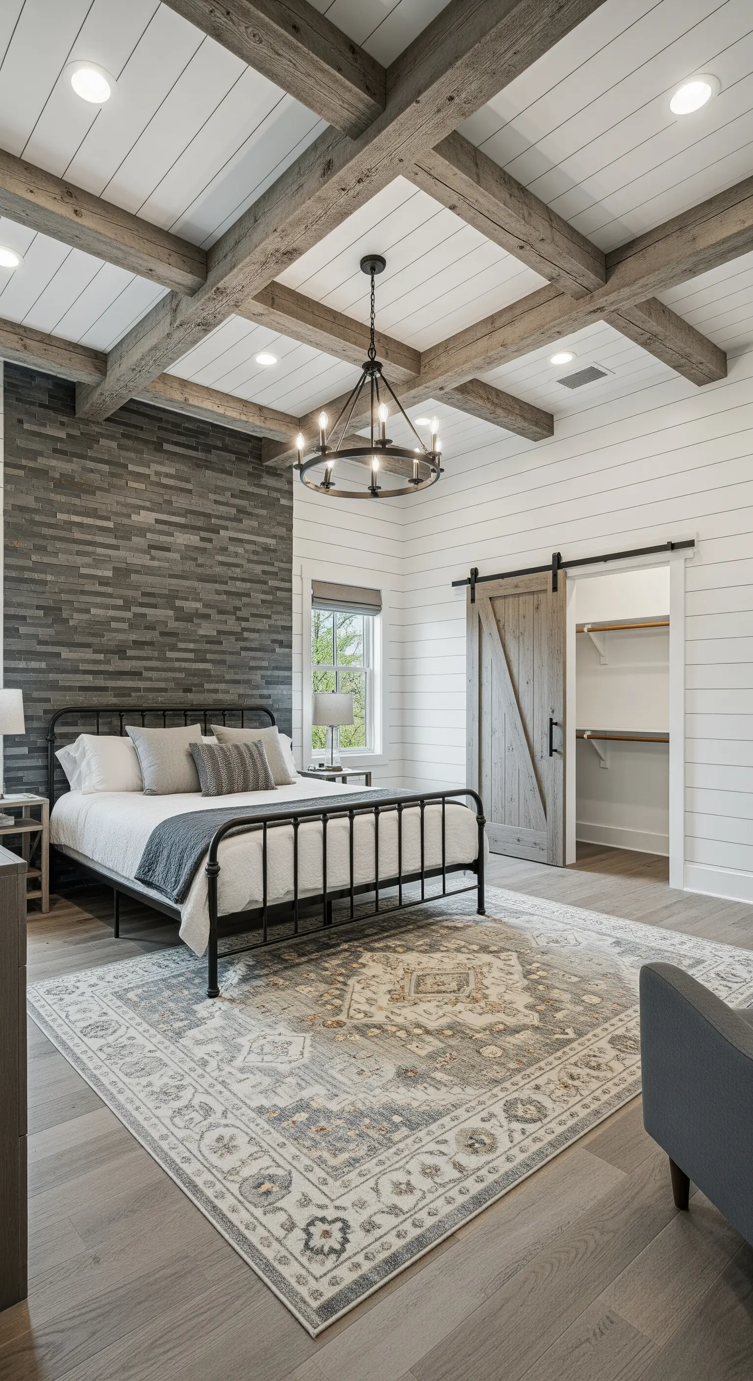 Camera da letto farmhouse moderna con travi grigie, parete in pietra a listelli e porta scorrevole.