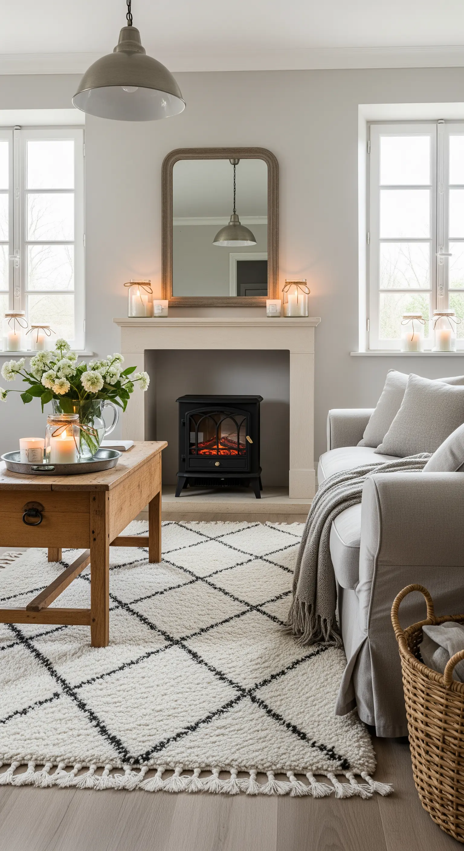 Soggiorno in stile farmhouse scandinavo con camino, arredi neutri e tappeto geometrico.