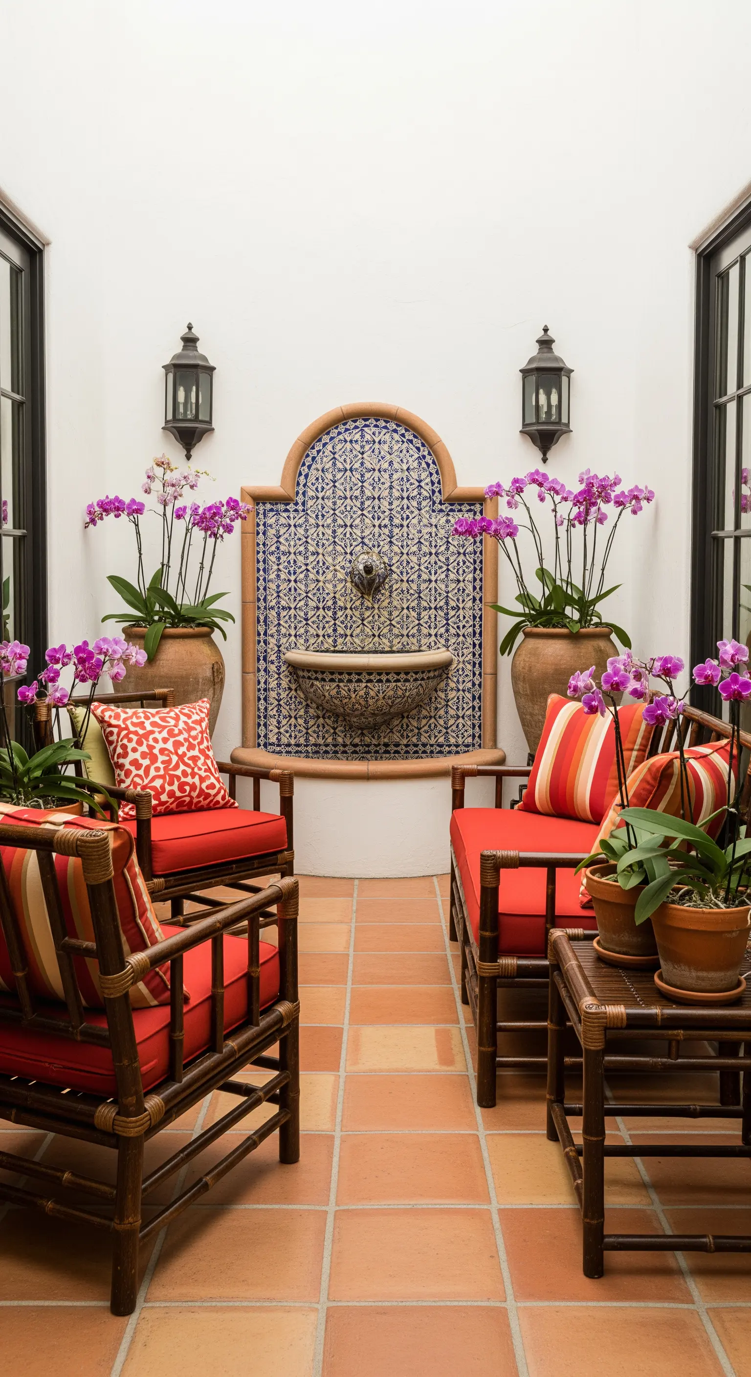 Cortile con fontana a parete in maioliche e arredi in bambù con cuscini rossi.