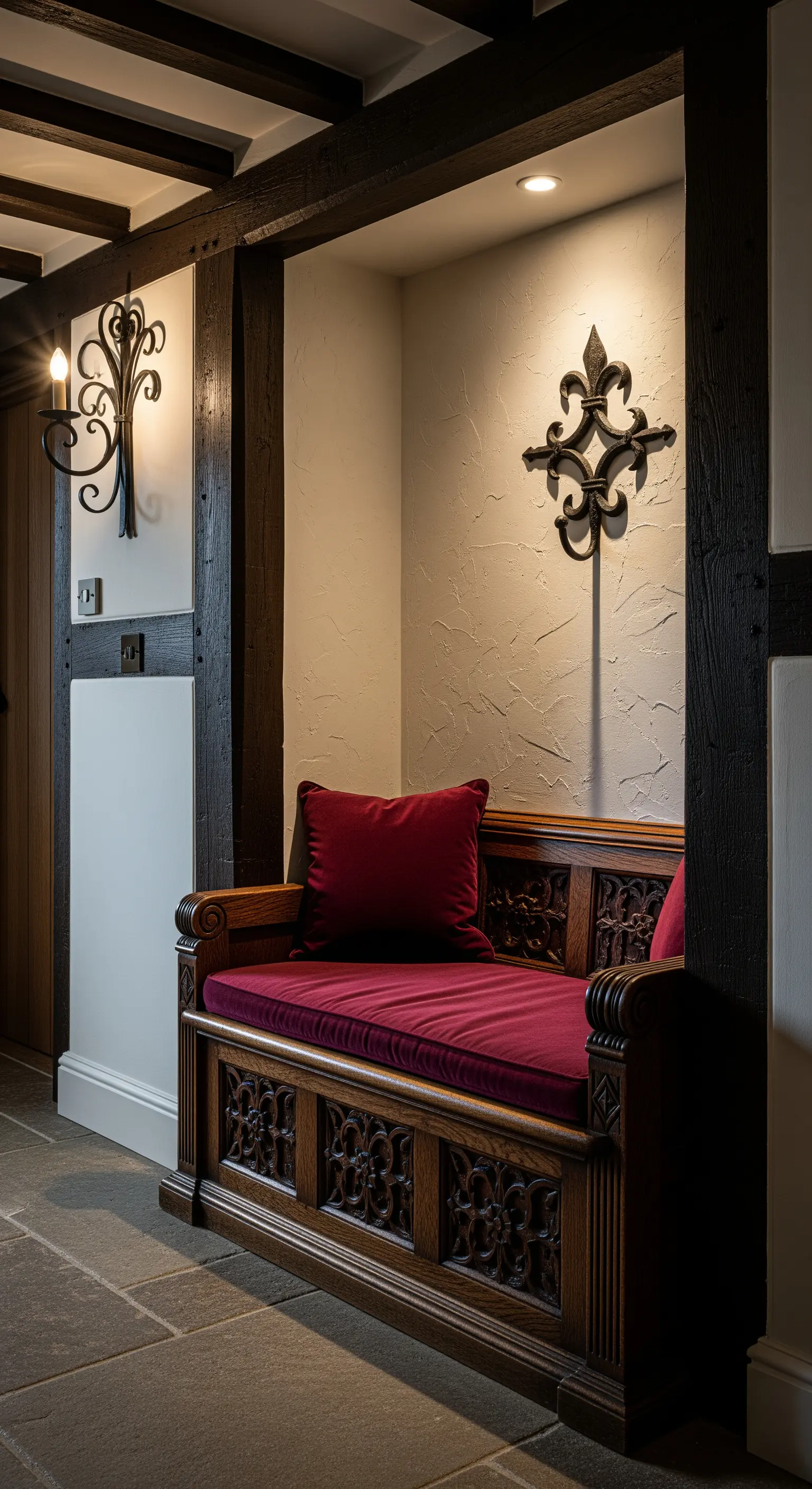 Panca antica in legno intagliato inserita in una nicchia con travi a vista e cuscino in velluto.