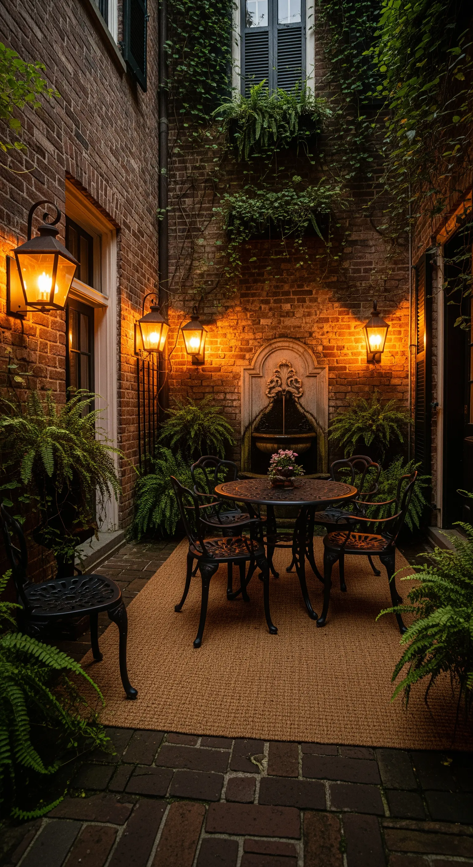 Cortile in mattoni con tavolo in ferro battuto, applique a lanterna e piante di felce.