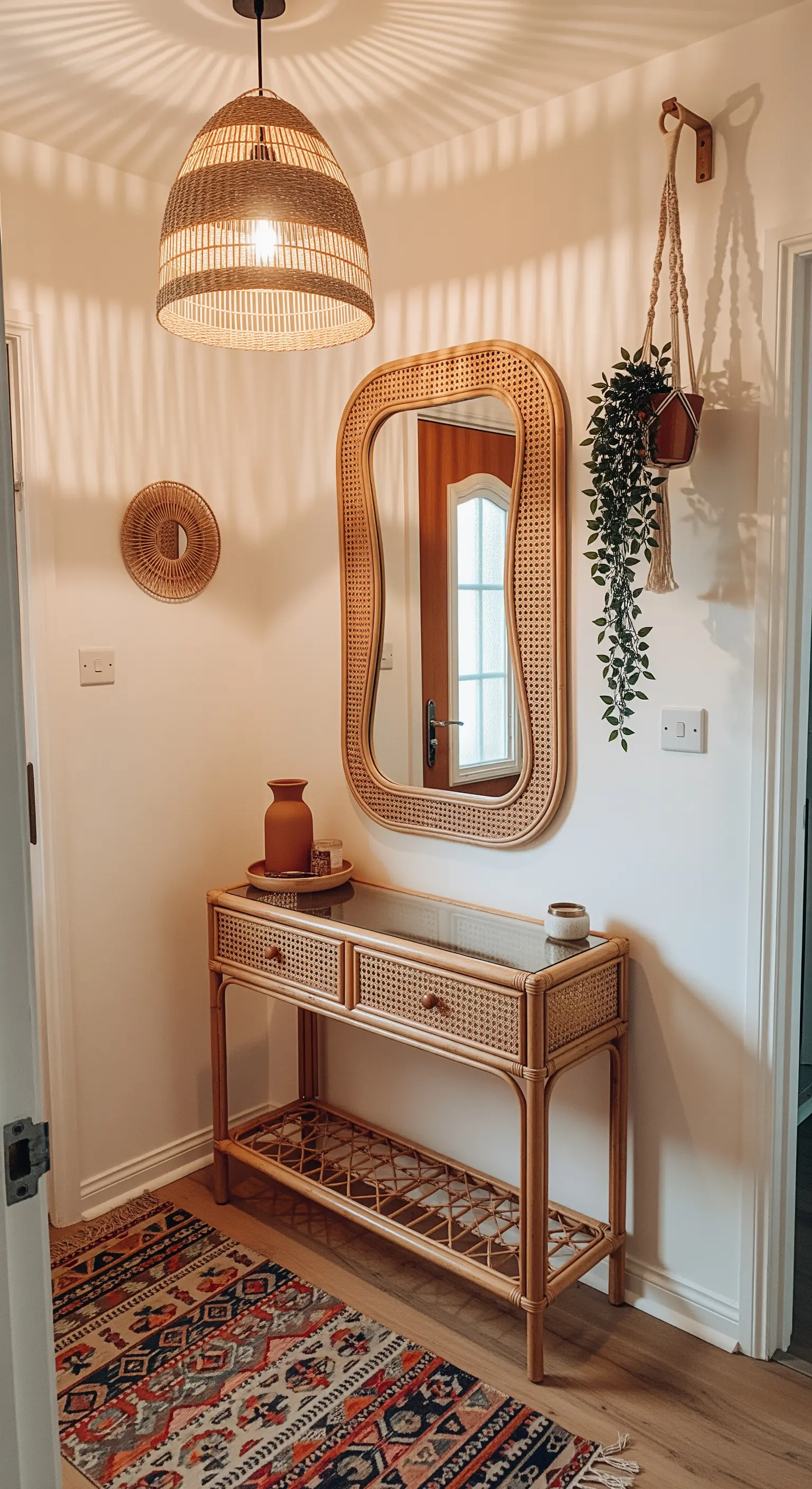 Ingresso in stile bohémien con consolle e specchio in rattan, tappeto kilim e piante.