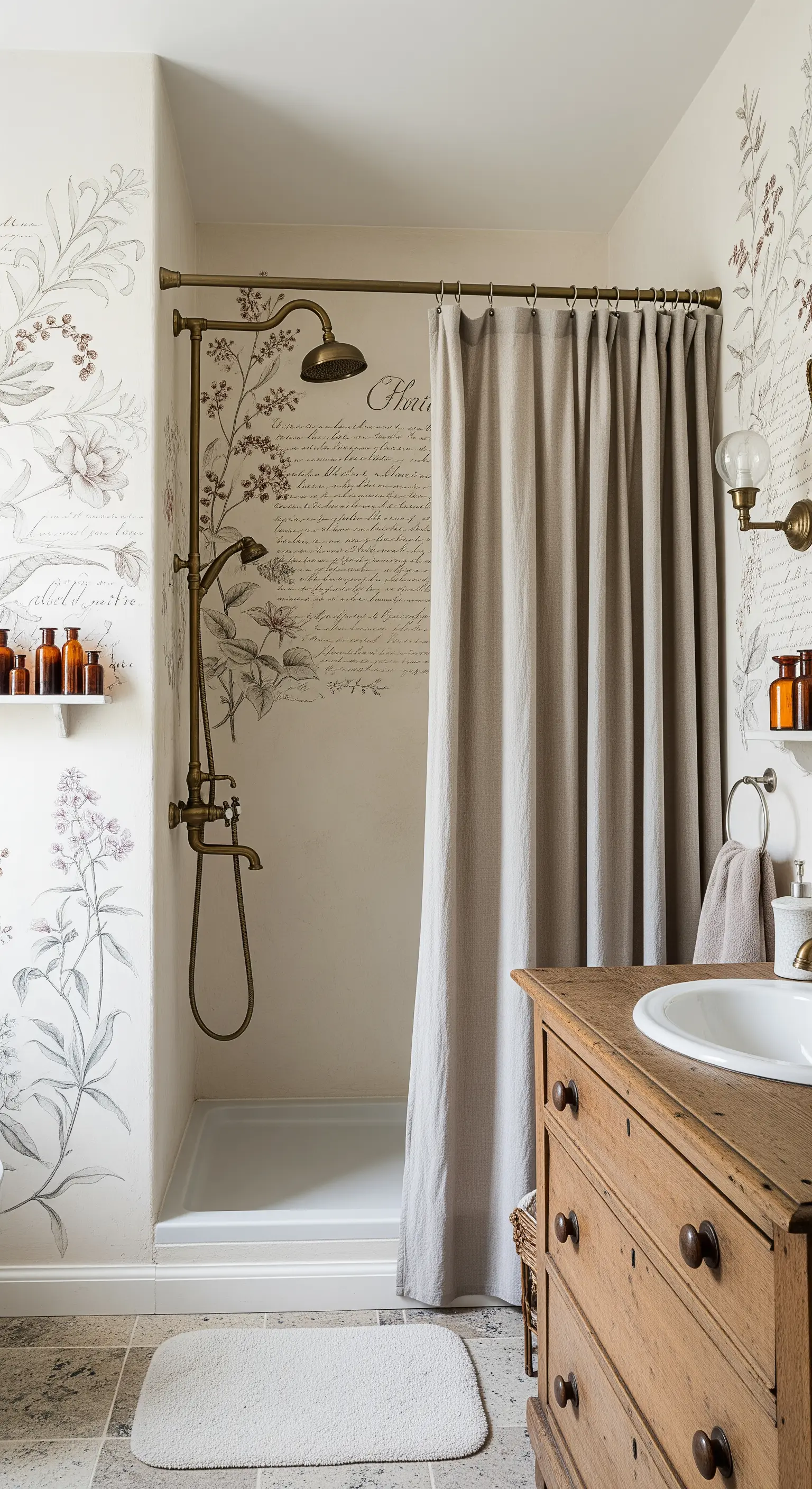 Bagno vintage con carta da parati a tema botanico, doccia con tenda in lino e mobile di recupero.