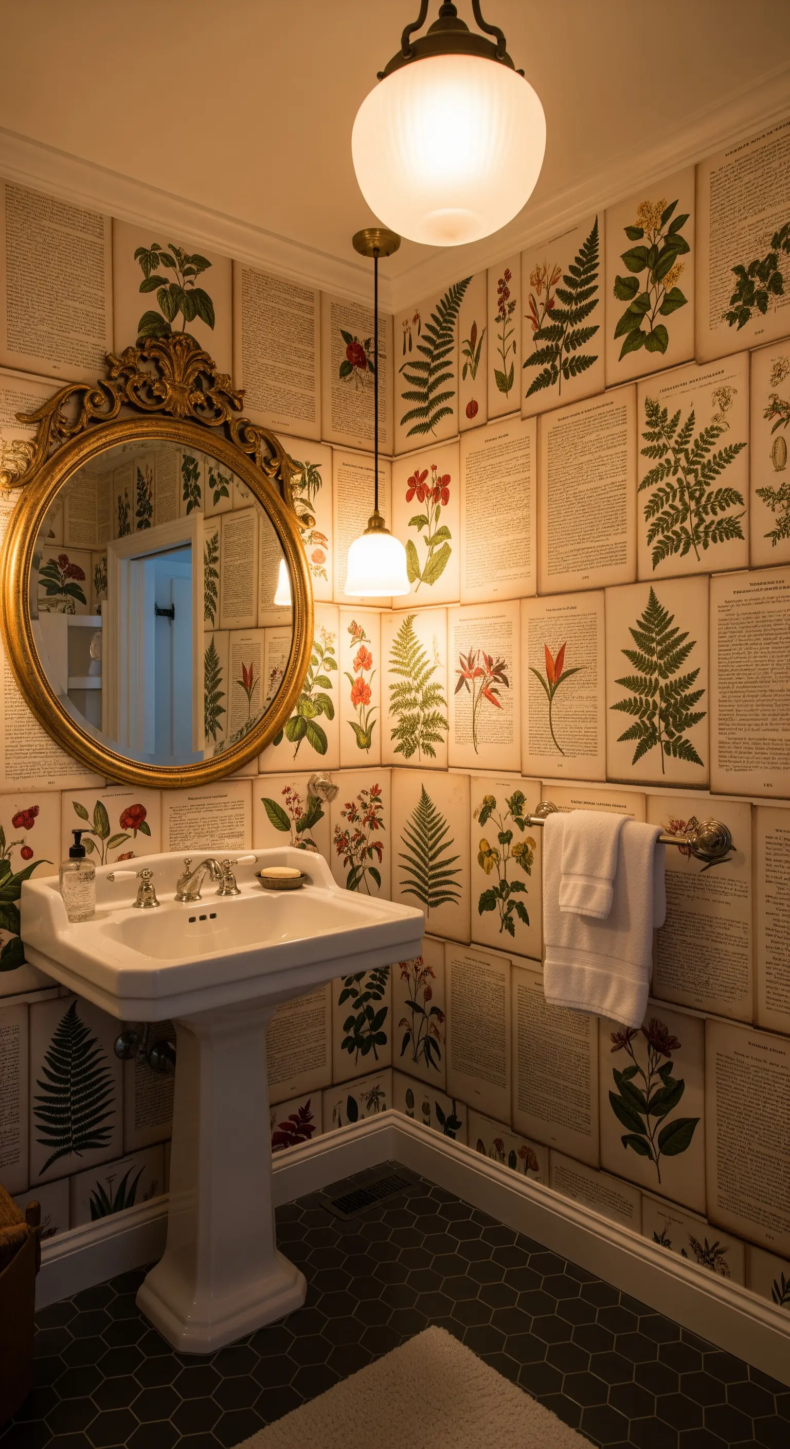Bagno con carta da parati a tema botanico-letterario e specchio con cornice dorata barocca.