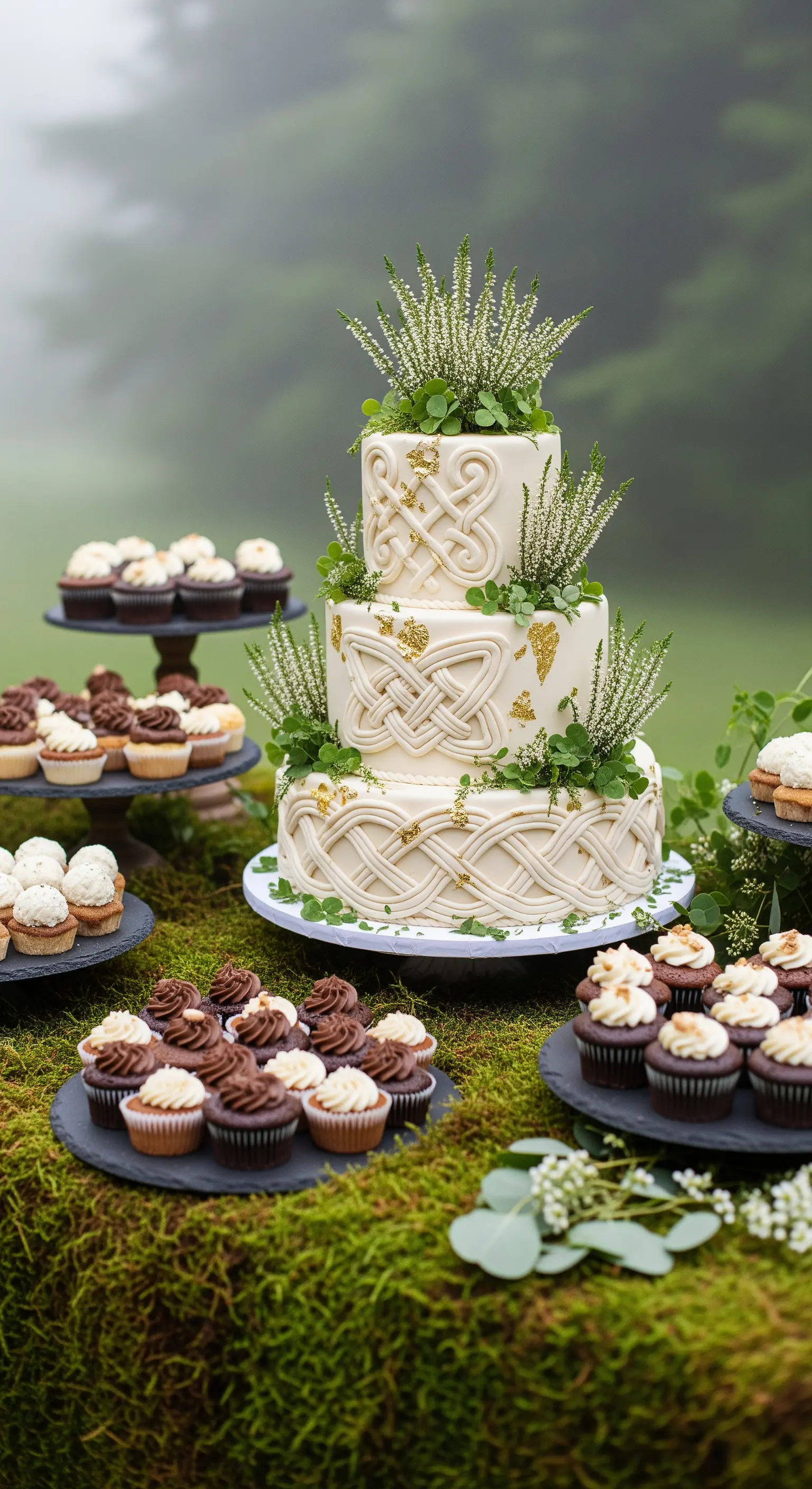 Torta nuziale con decorazioni a nodo celtico, allestita su un letto di muschio.