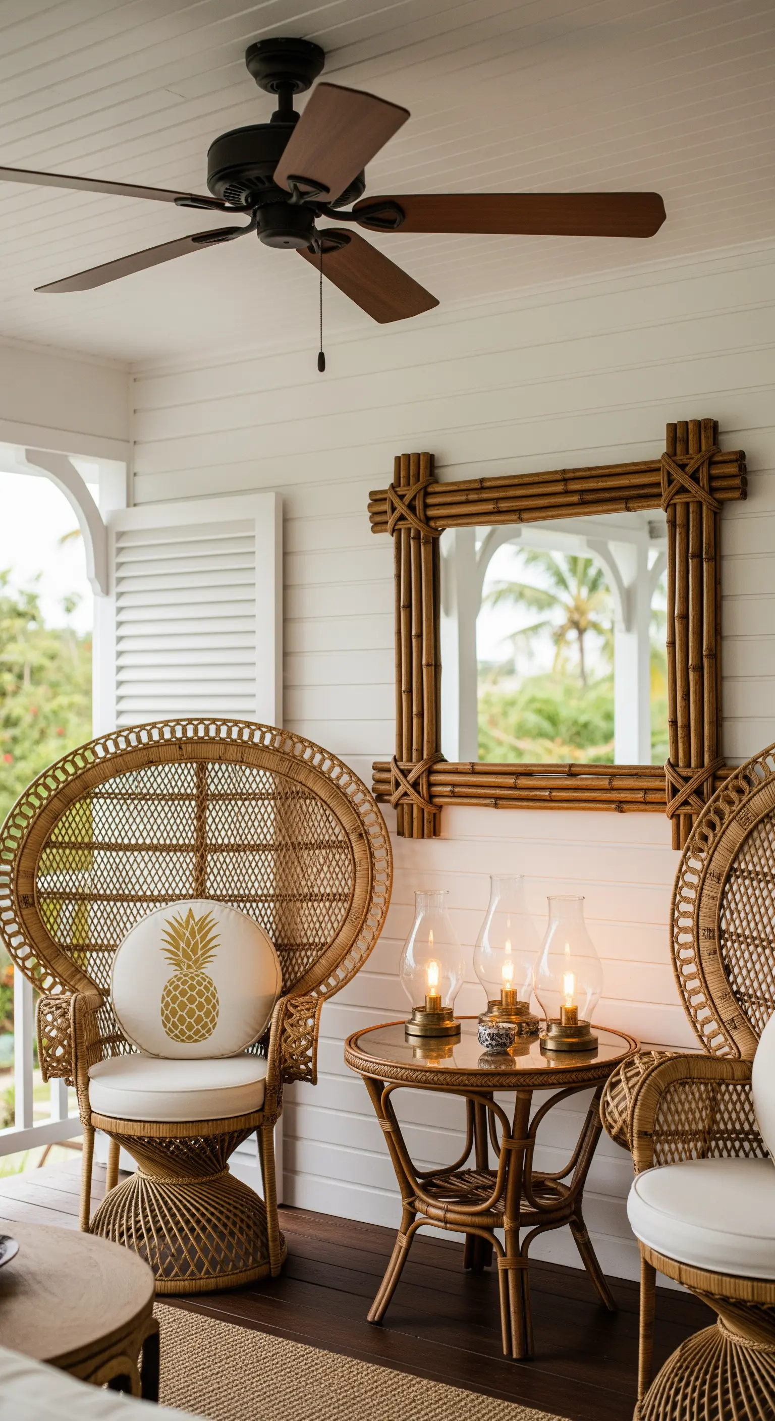 Portico in stile coloniale con sedie pavone in vimini e specchio in bambù.