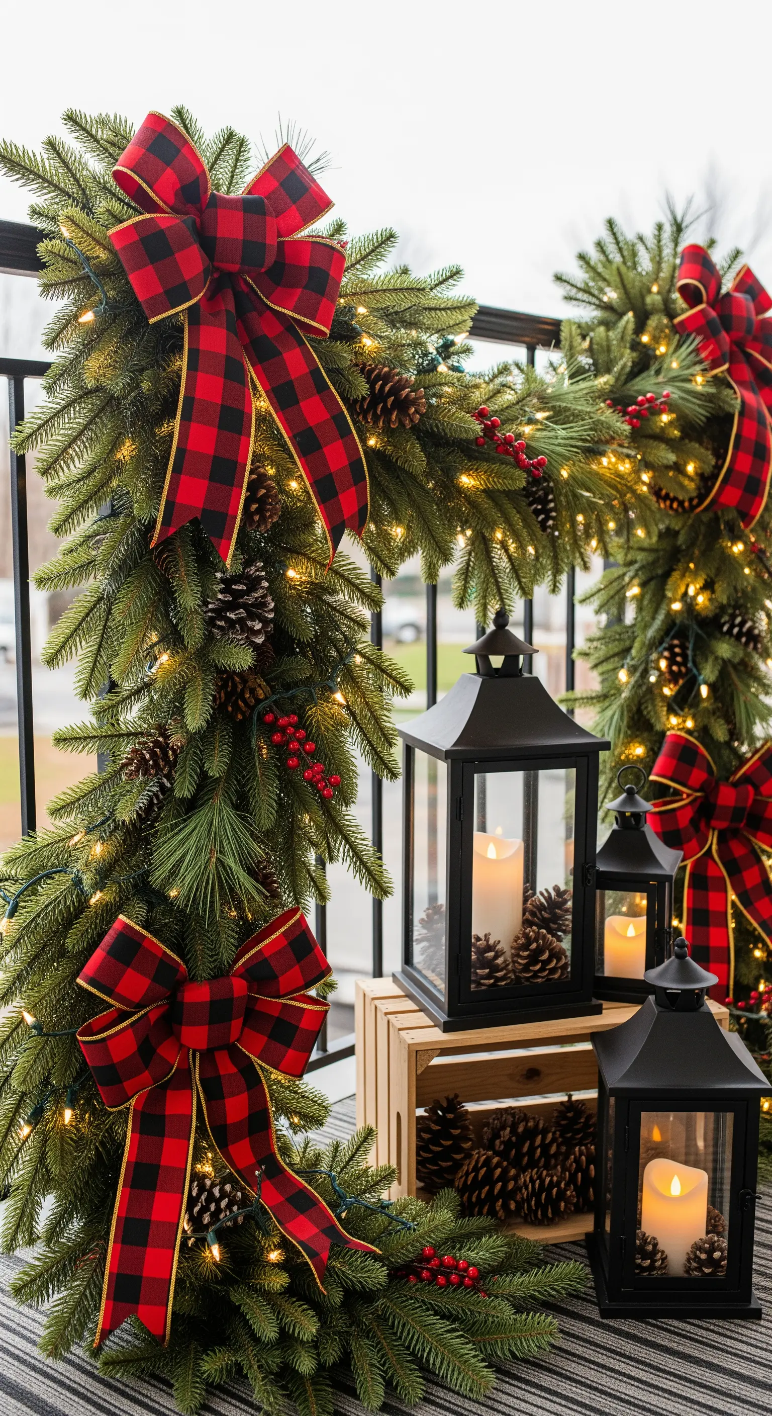 Ghirlanda di pino decorata con grandi fiocchi in tartan rosso e nero, pigne e lanterne