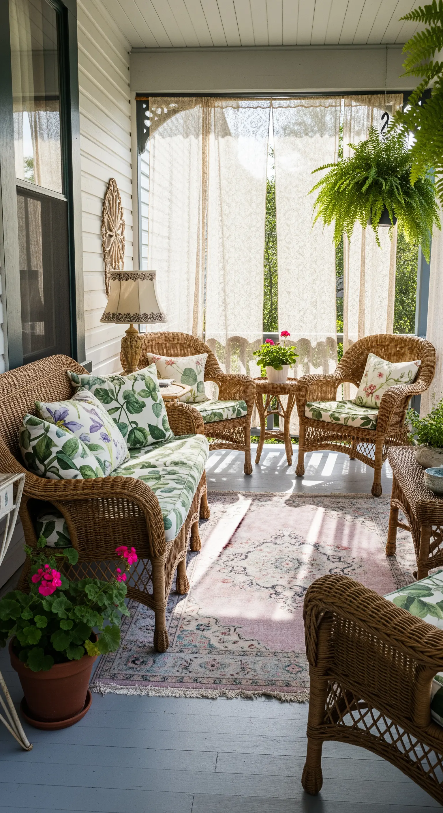 Veranda in stile vittoriano con mobili in vimini, cuscini a fiori e tappeto persiano rosa.