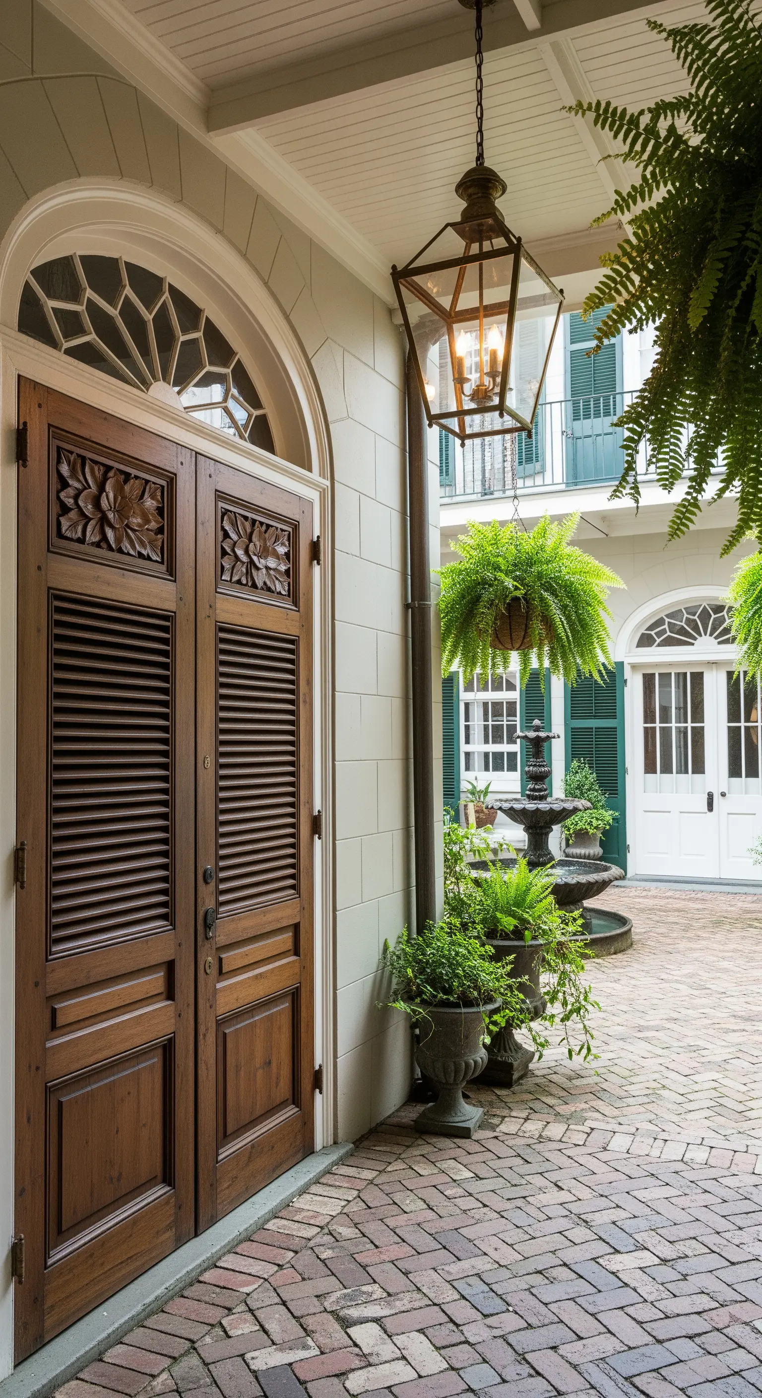 Cortile in stile New Orleans con porta a persiana in legno, pavimento in mattoni e lanterna a gas.