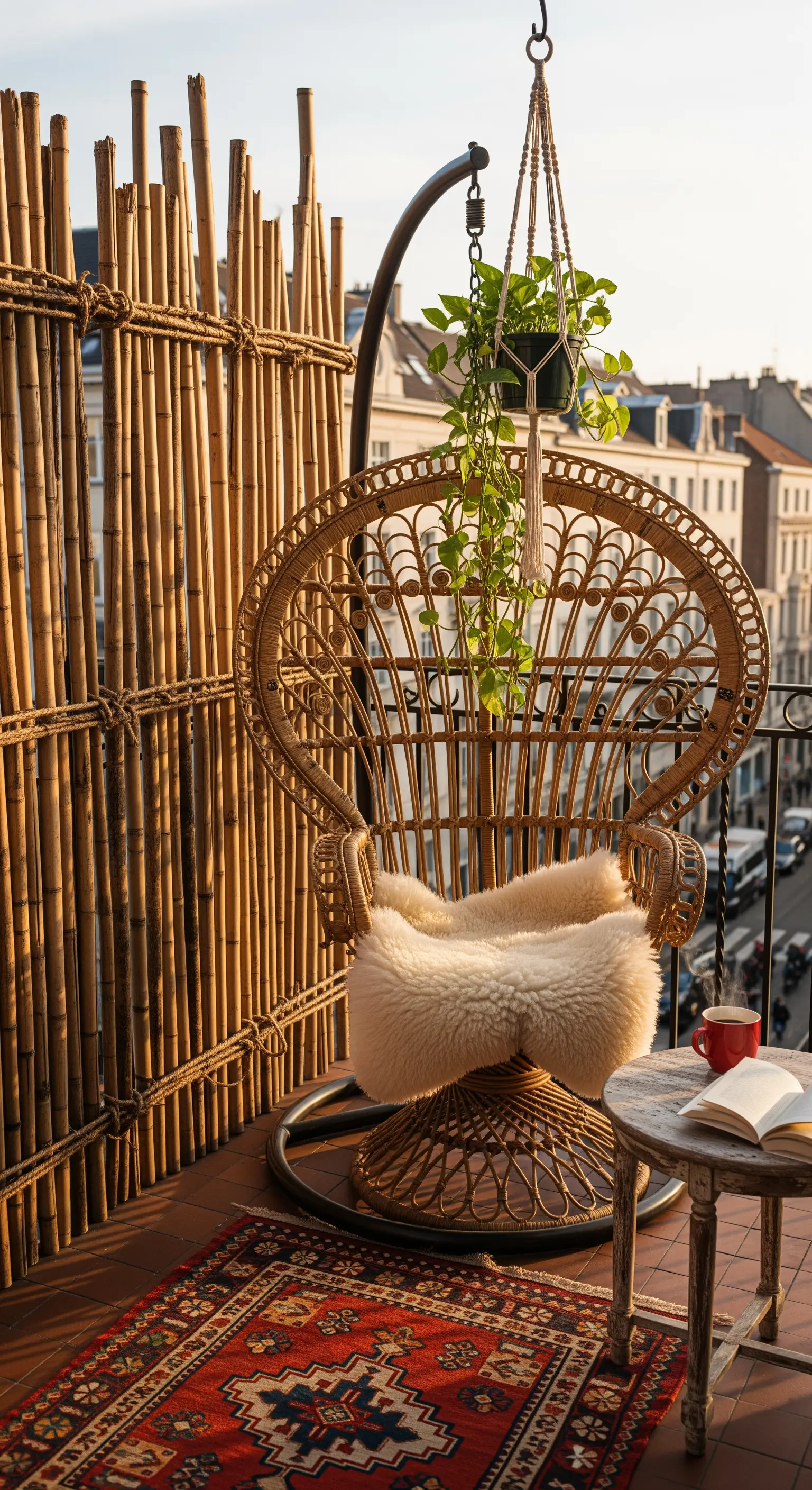 Balcone con poltrona peacock in rattan, tappeto persiano e parete di bambù.