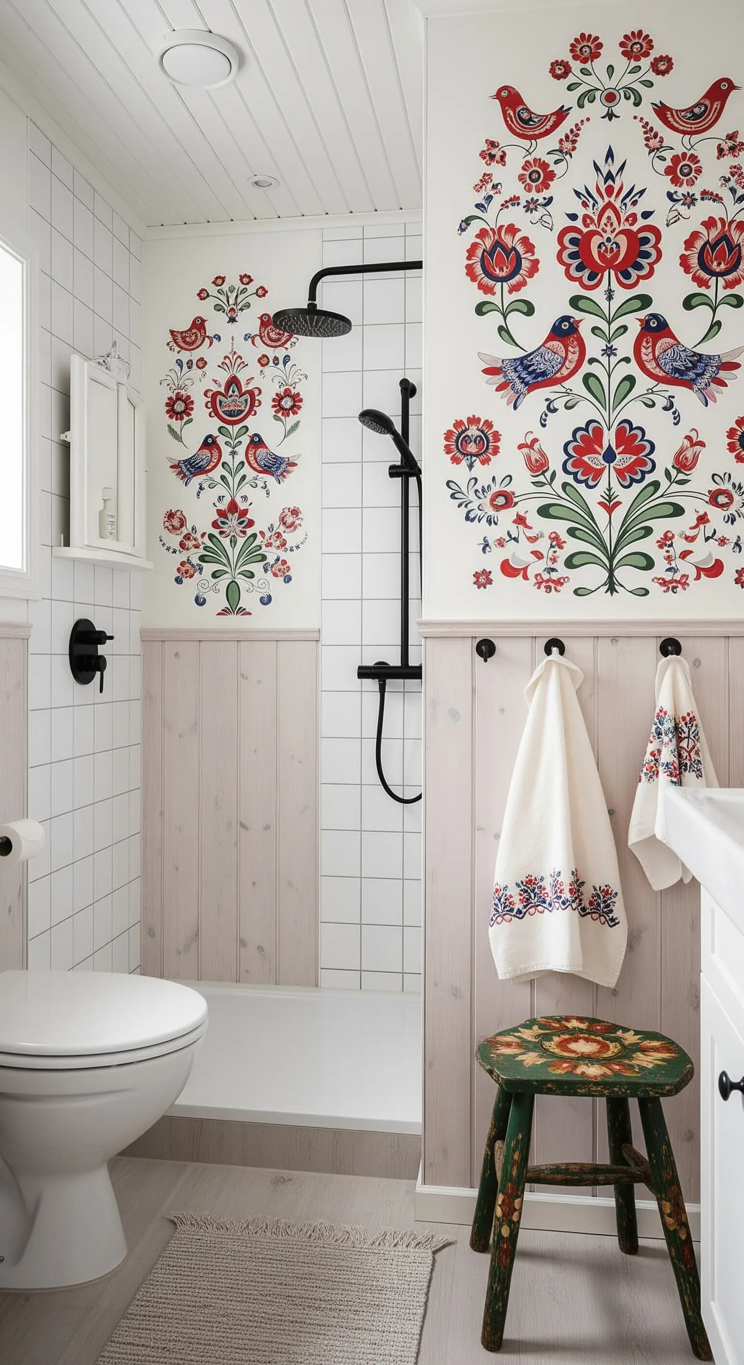 Bagno in stile scandinavo con boiserie chiara e pannelli con decorazioni folk floreali.