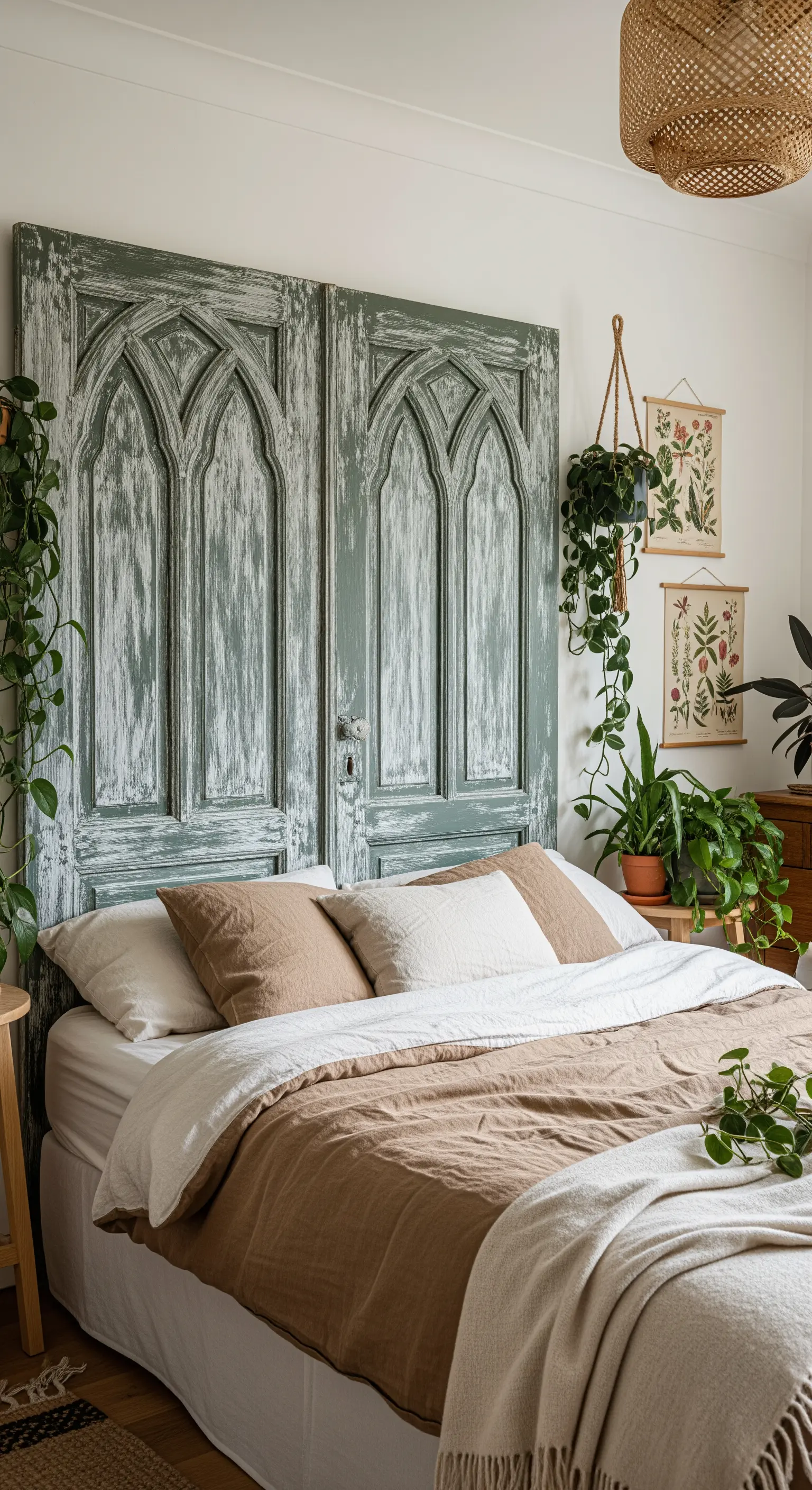 Due alte porte ad arco gotico dipinte di verde salvia con finitura scrostata.