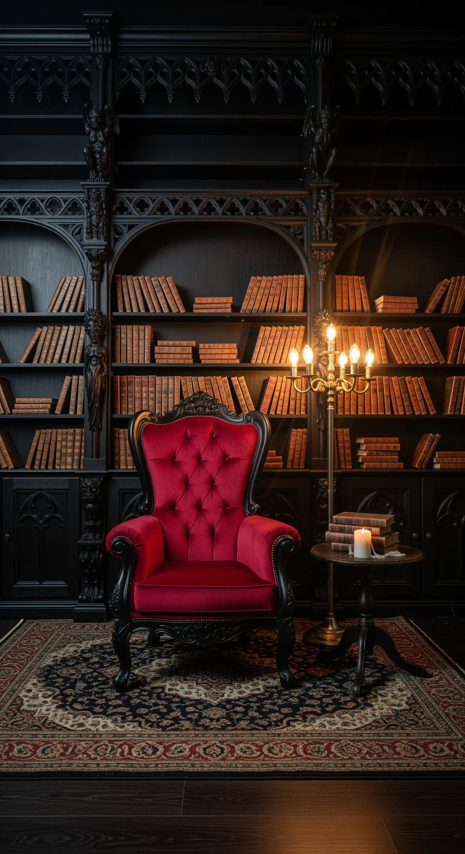 Libreria nera in stile gotico con una sontuosa poltrona in velluto rosso.
