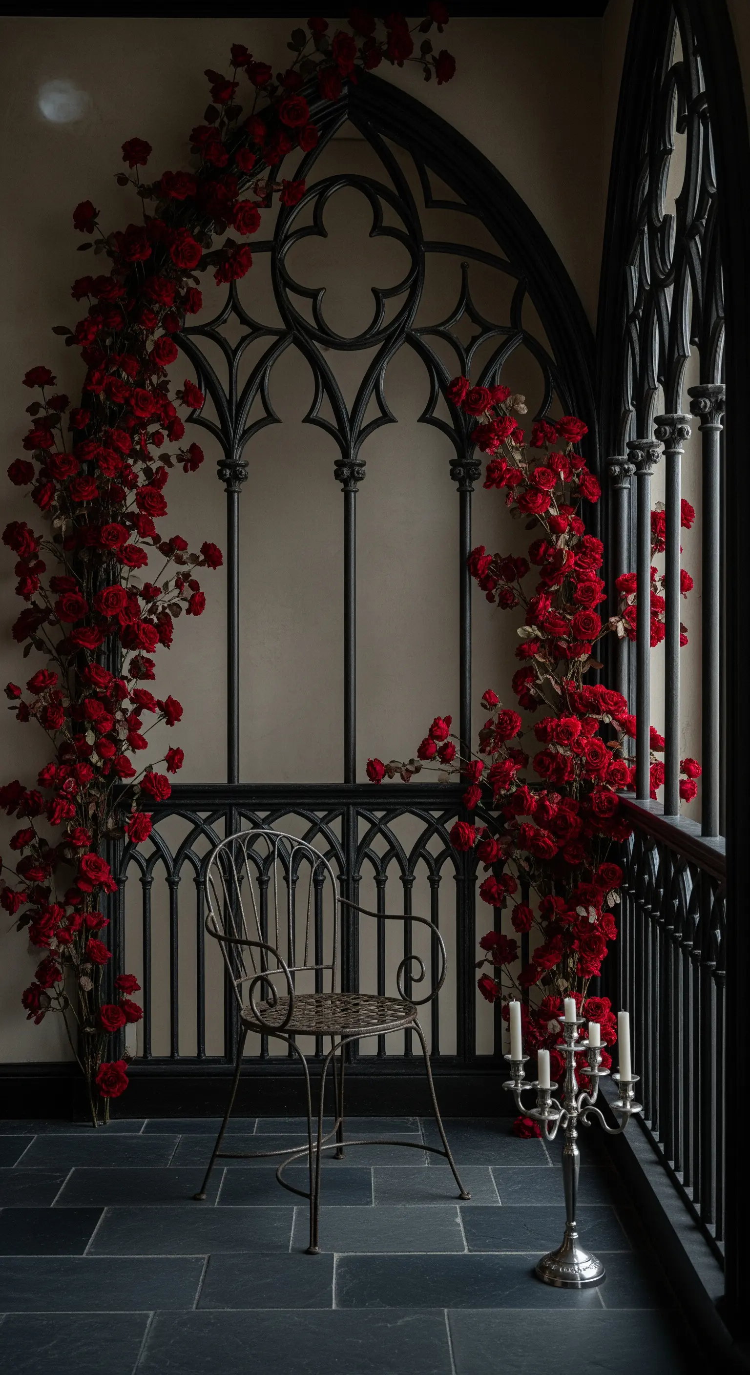 Interno con finestra gotica in ferro battuto nero e rose rampicanti rosse.