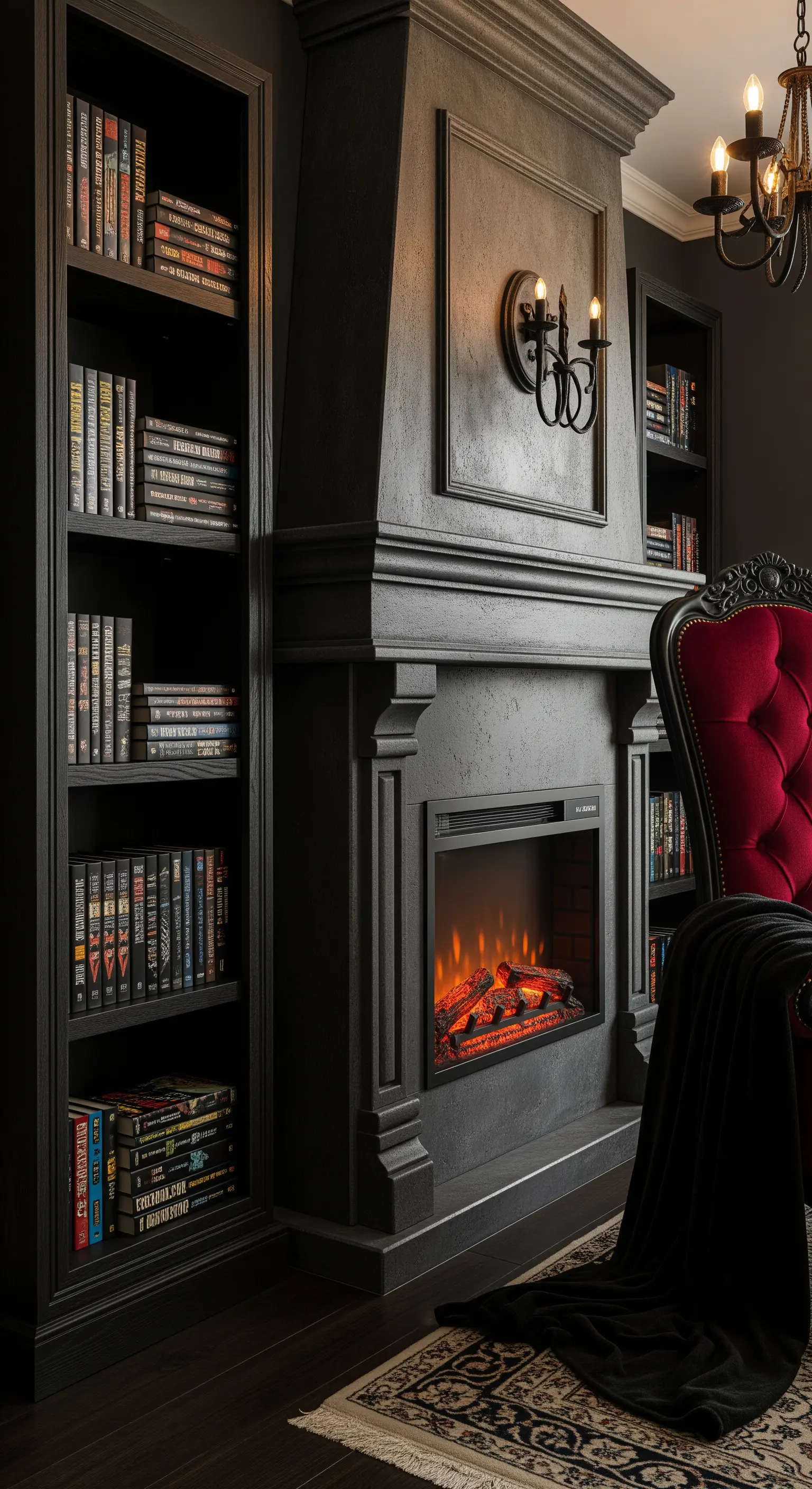 Angolo lettura gotico con camino nero, librerie scure e poltrona in velluto rosso.
