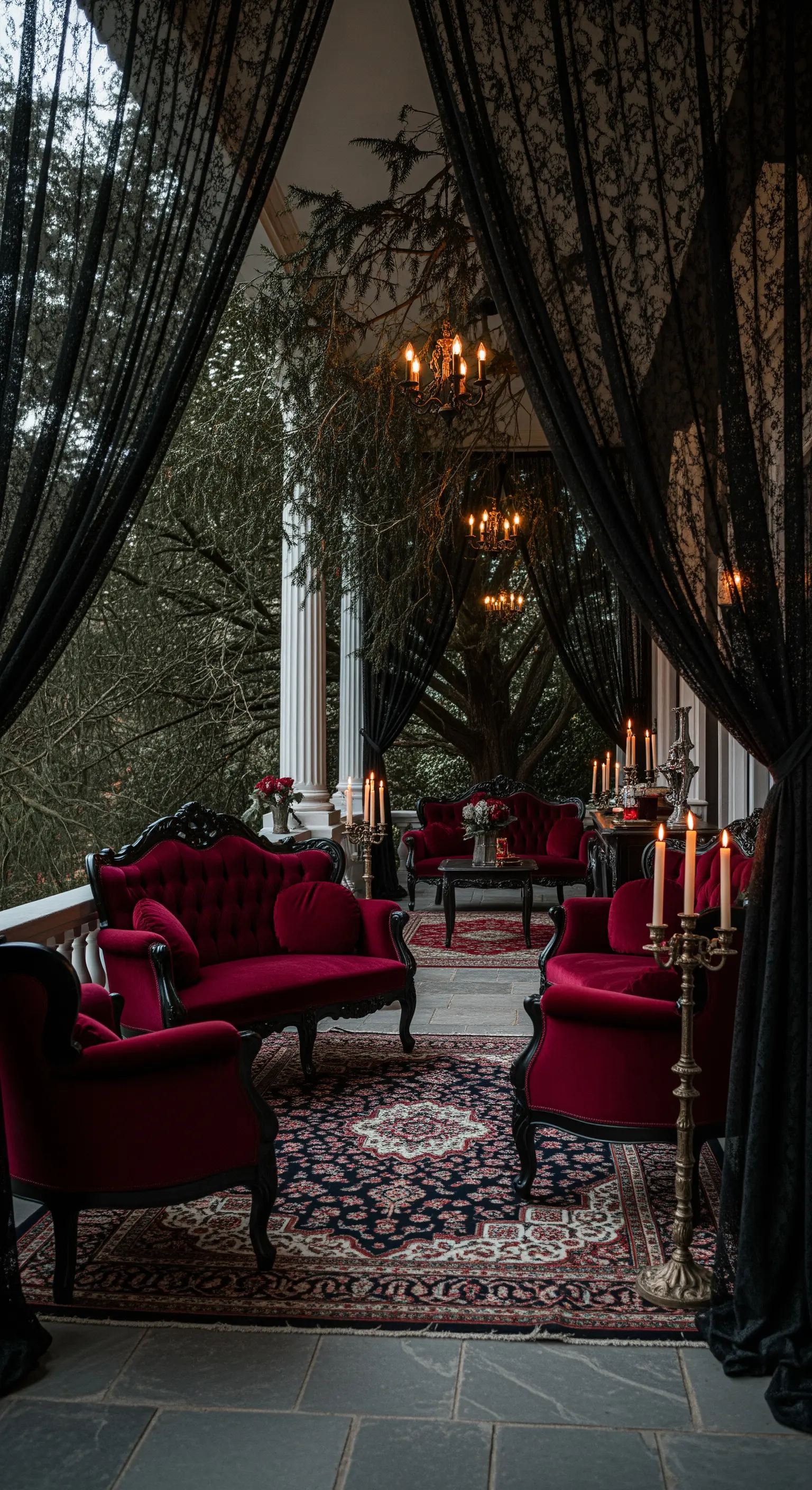 Veranda in stile gotico con tende in pizzo nero, divani in velluto rosso e candelabri