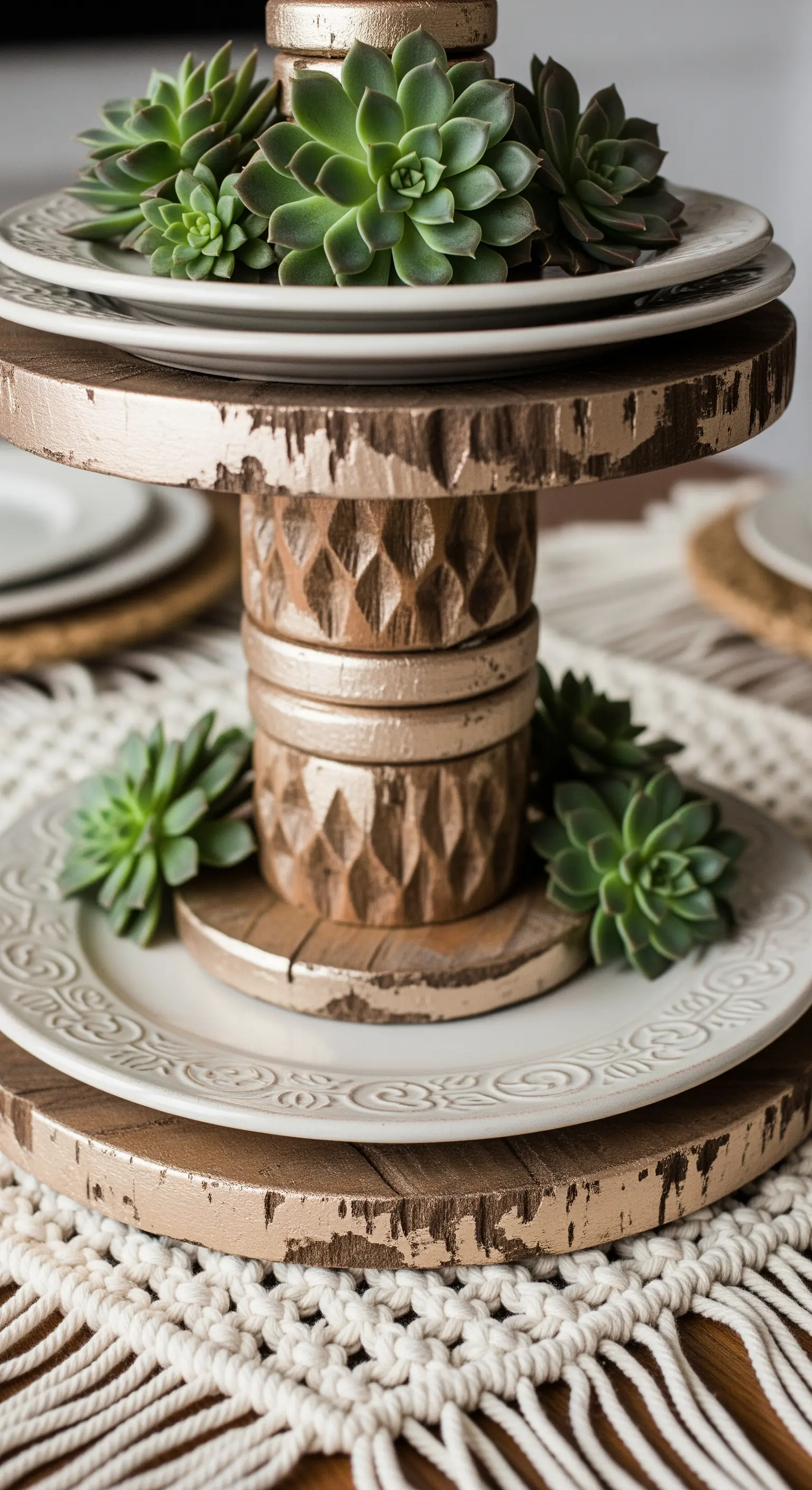 Dettaglio di un'alzata rustica con base in legno intagliato e finitura metallizzata anticata