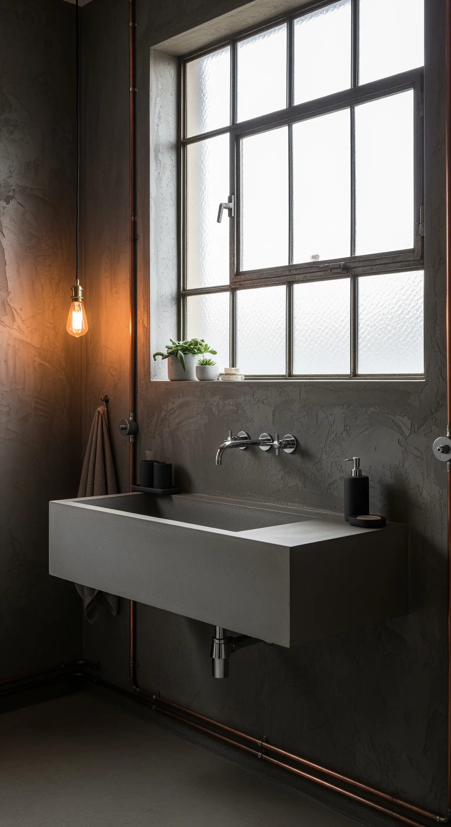 Lavabo in cemento grigio scuro con tubature in rame a vista e lampadina a filamento.
