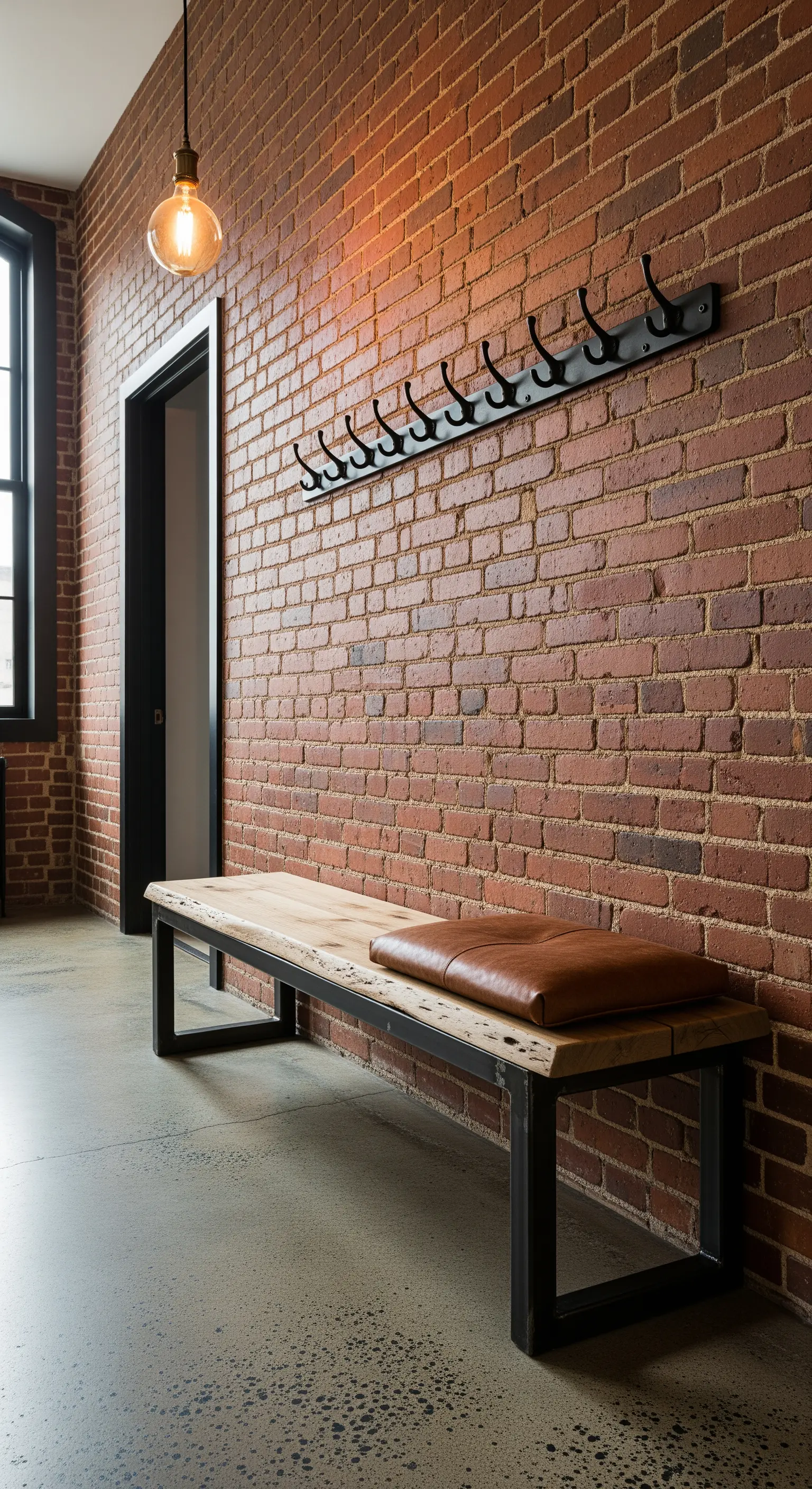 Panca industriale con seduta in legno grezzo e base in metallo su sfondo di mattoni rossi.