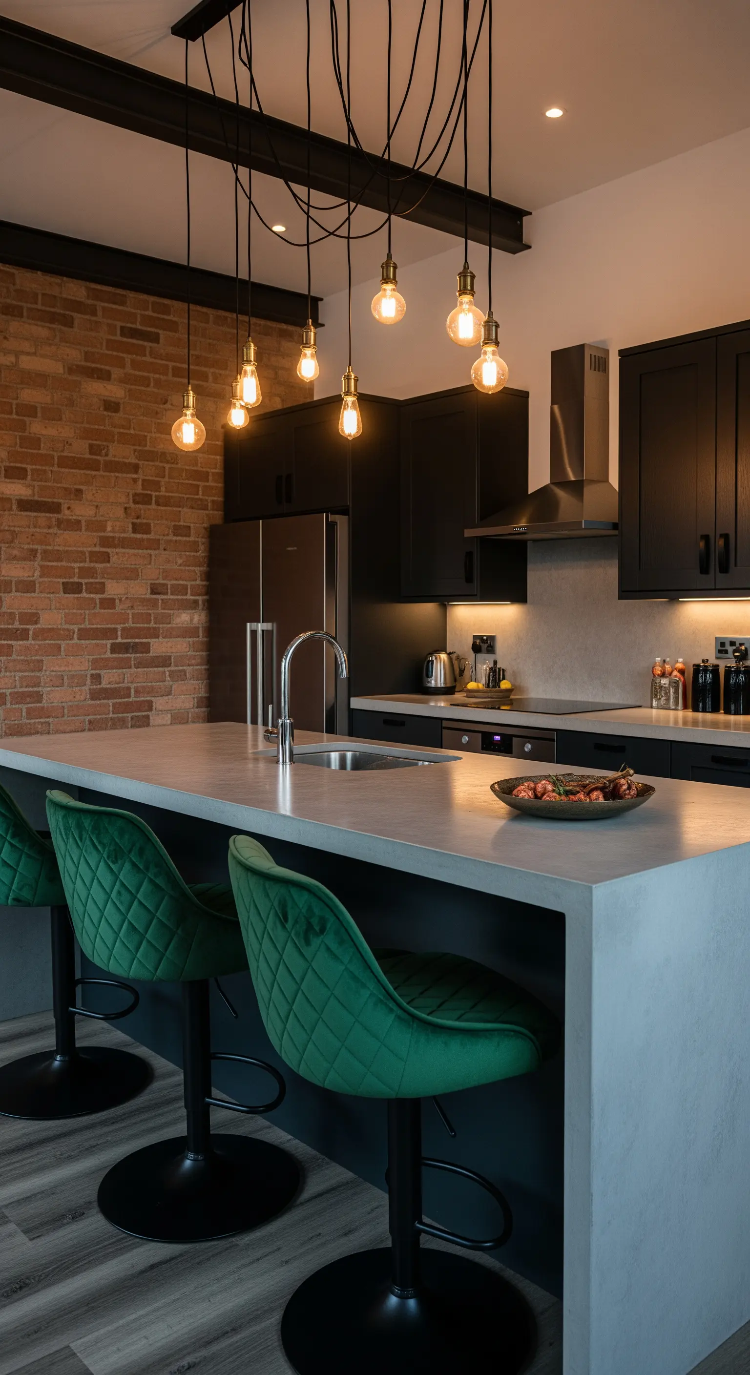 Cucina industrial con parete in mattoni, isola effetto cemento e sgabelli in velluto verde trapuntato