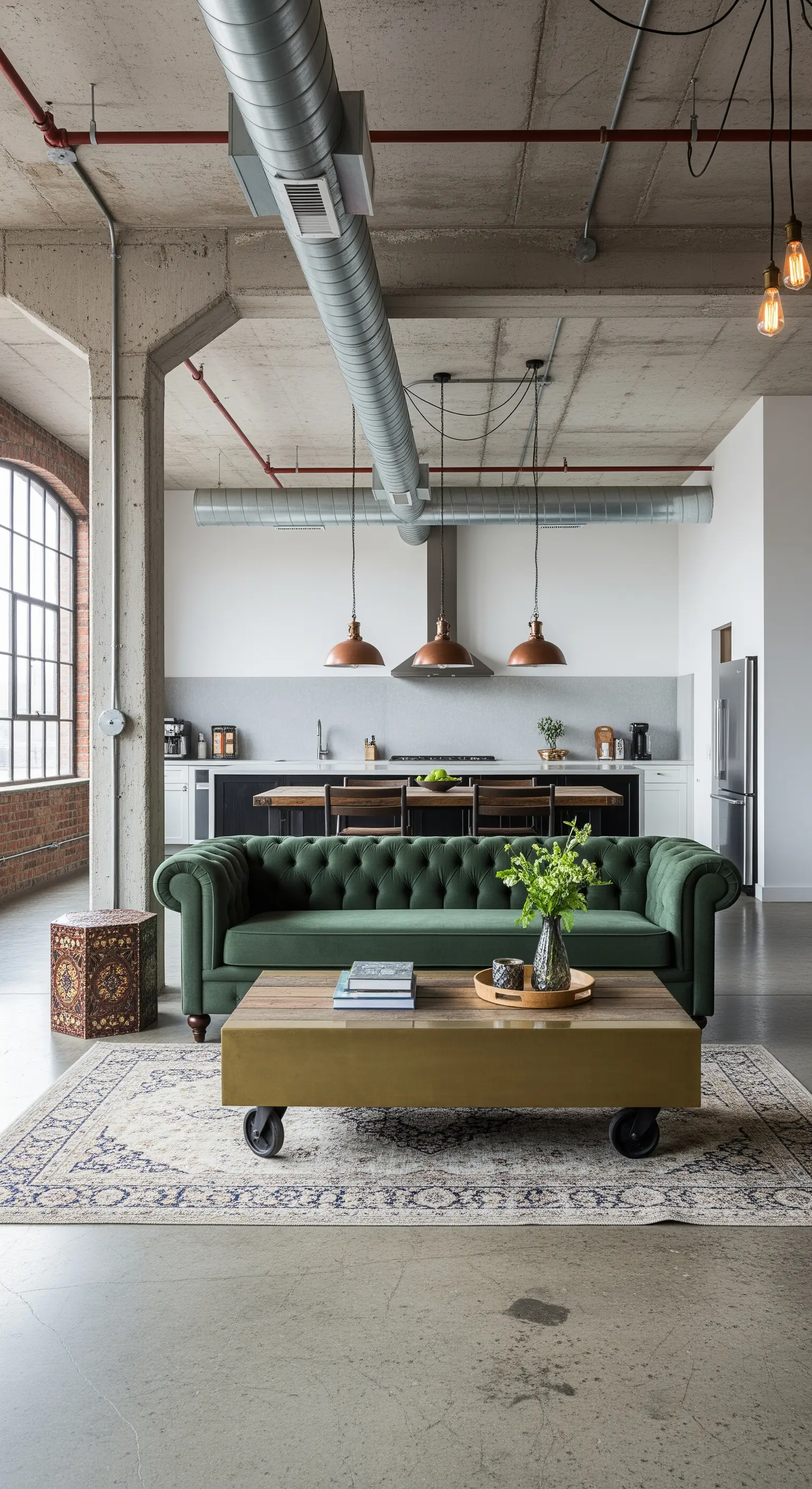 Loft industriale con divano Chesterfield verde, pavimento in cemento e tavolino in ottone su ruote.