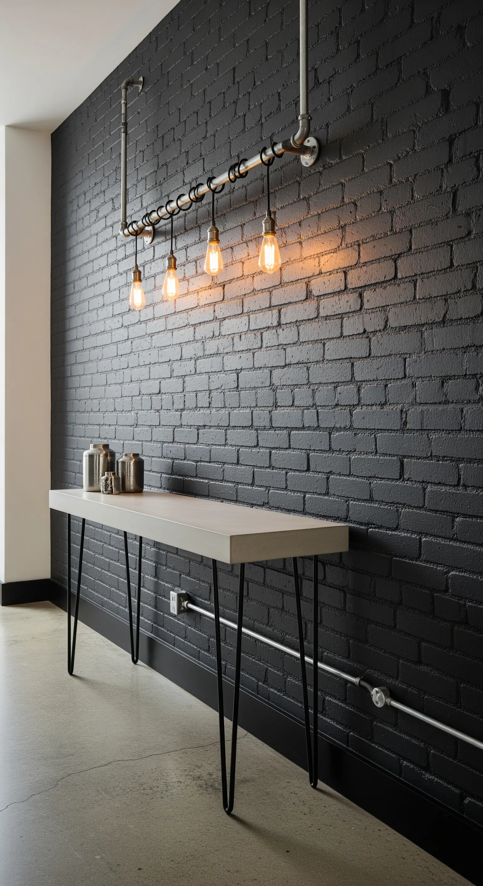 Parete in mattoni neri con consolle industriale e lampade a sospensione con tubi a vista.