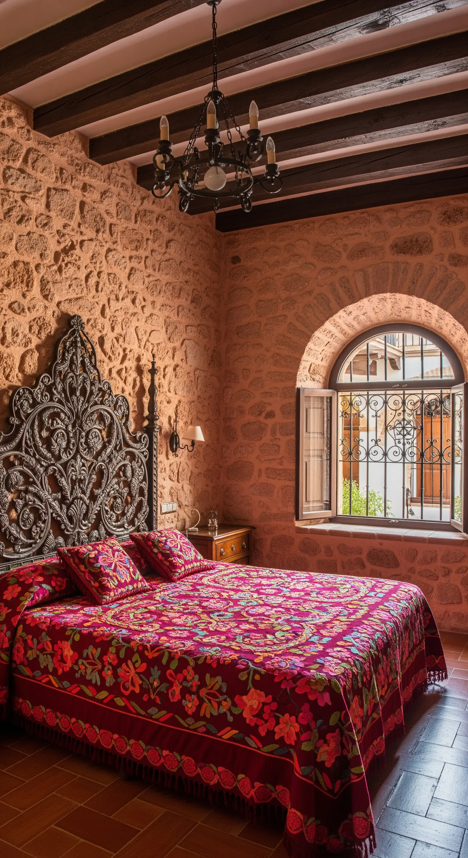 Camera da letto in stile spagnolo con testiera in legno intagliato e copriletto rosso floreale.