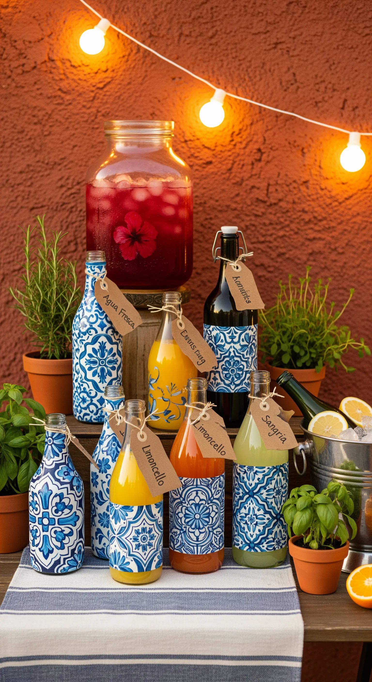 Bottiglie decorate con carta adesiva a motivo maiolica blu e bianca, con etichette in carta kraft.