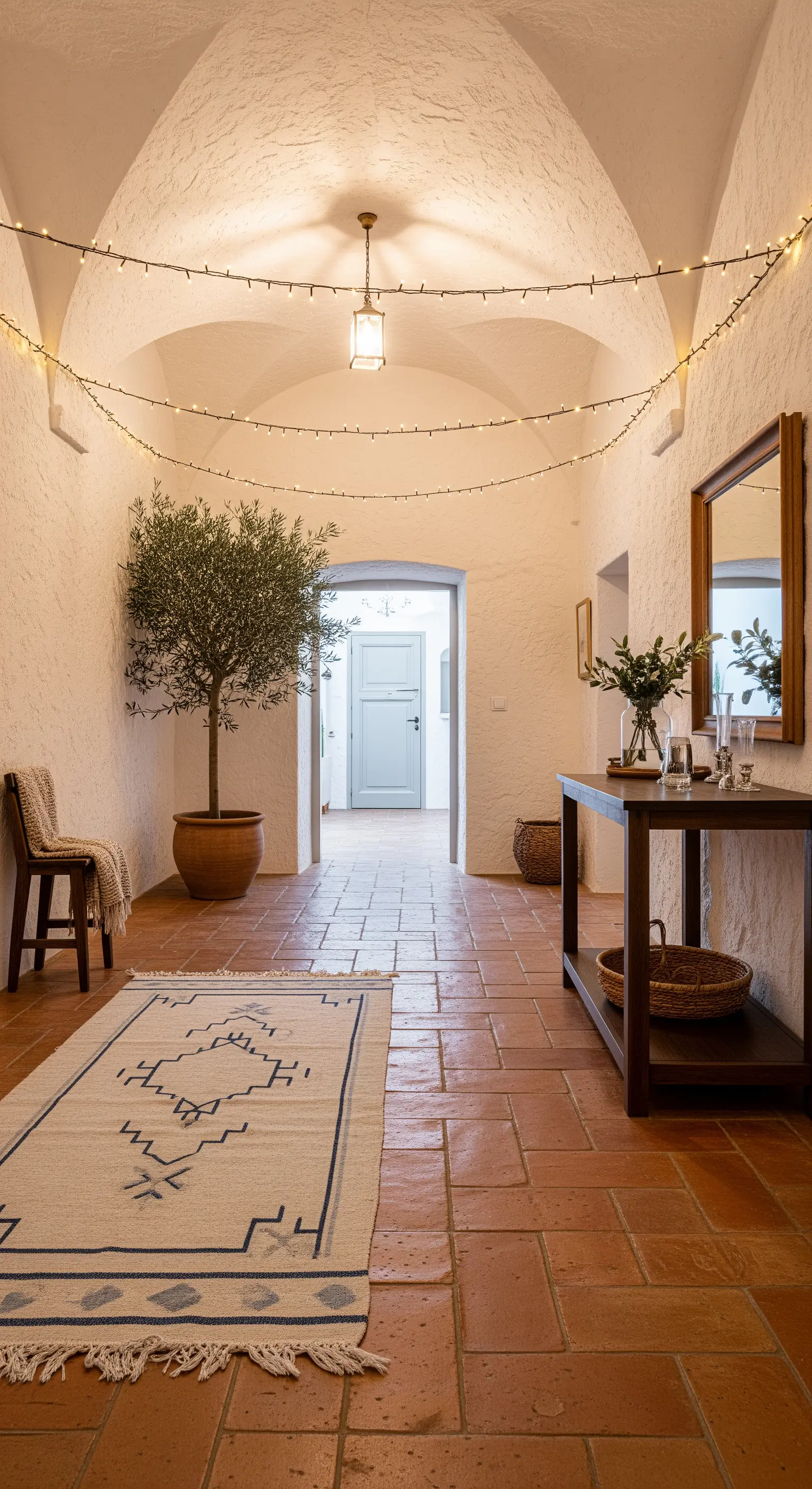 Corridoio mediterraneo con soffitto a volta, pavimento in cotto e fili di lucine sospese.