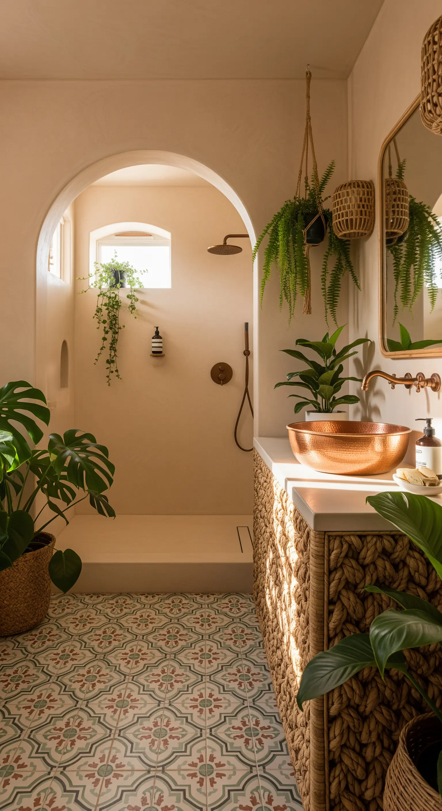 Bagno con doccia ad arco, lavabo in rame e base del mobile rivestita in corda.